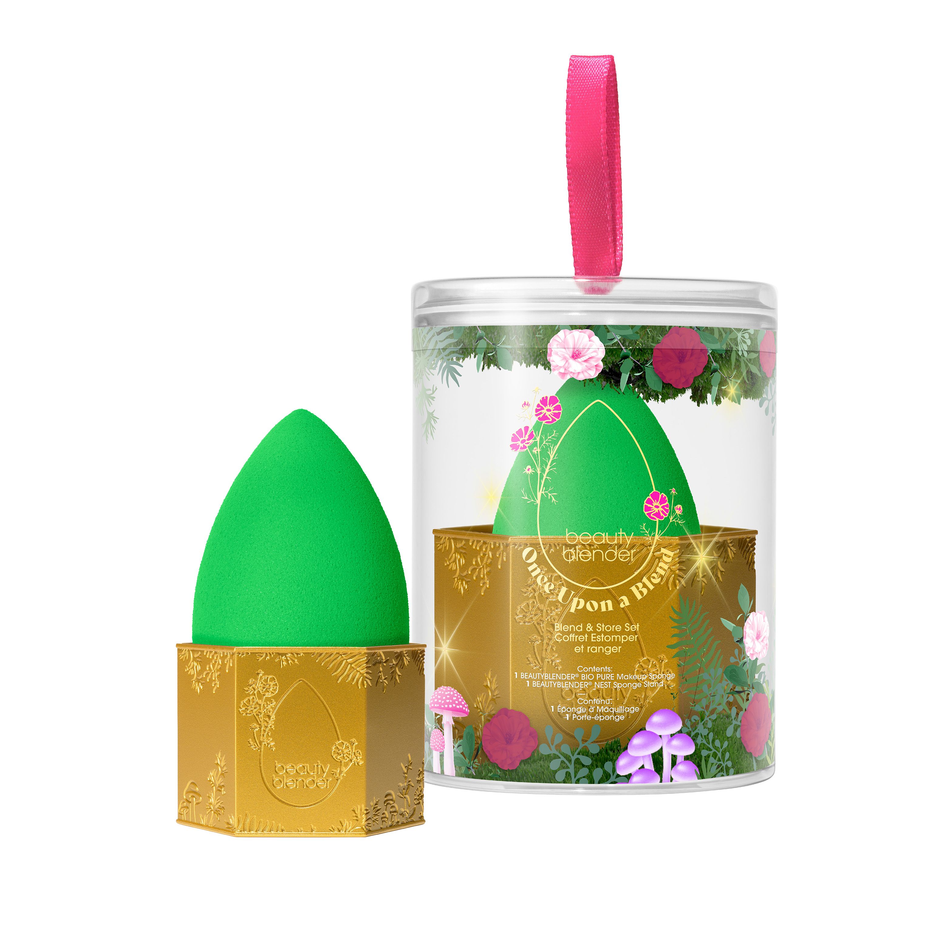 Grüner Beautyblender in goldener Verpackung. In transparenter Hülle mit pinkfarbener Schlaufe. Aufschrift: Once Upon a Blend.