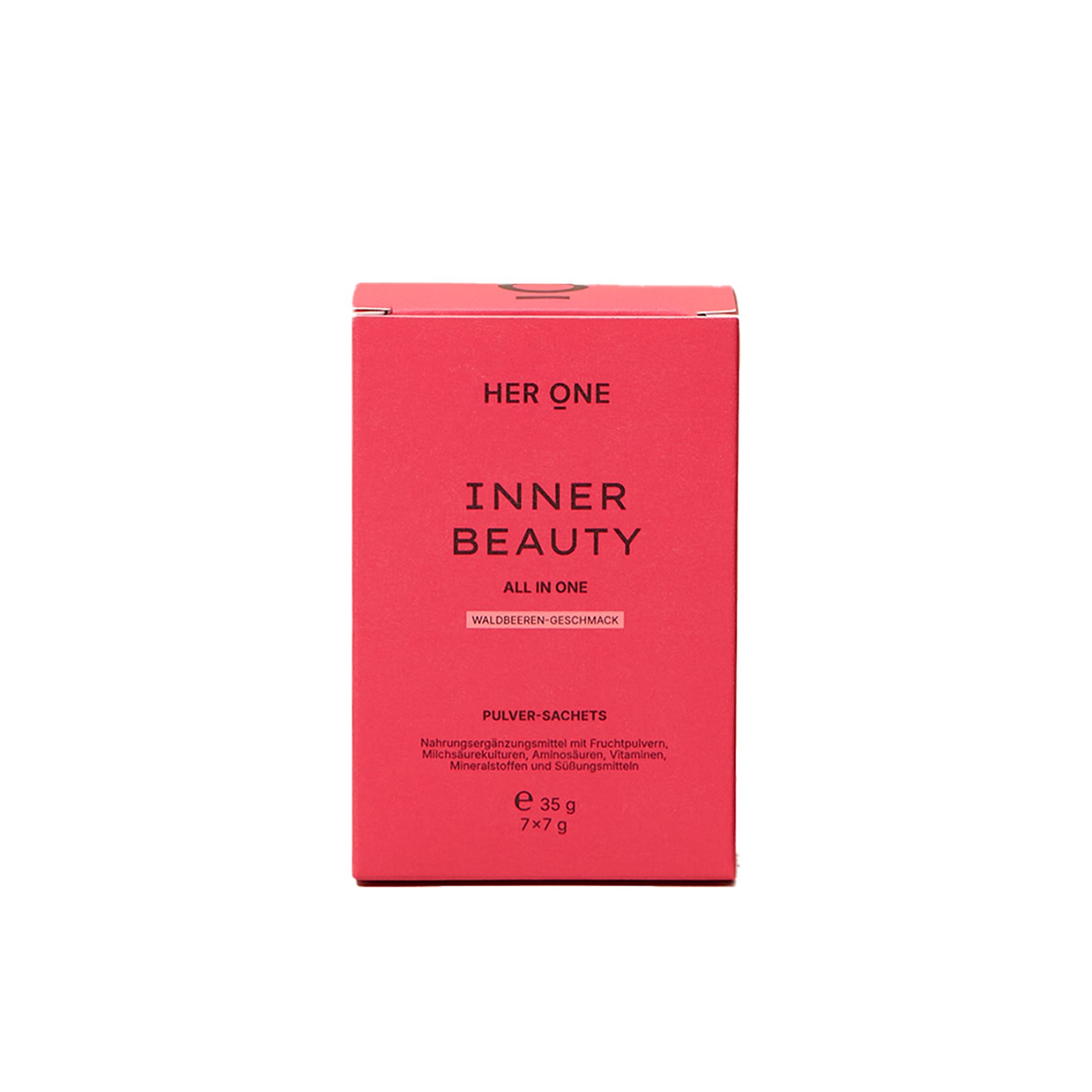 Rote Produktverpackung mit Text: HER ONE, INNER BEAUTY, ALL IN ONE, Pulver-Sachets. Enthält 7 Sachets.