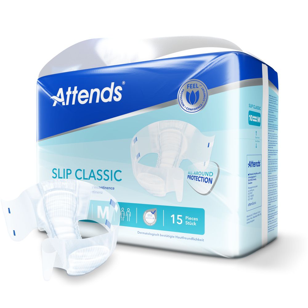 Attends Slip Classic M, 15 Stück. Verpackung mit Produktabbildung. Einzelner Slip daneben.