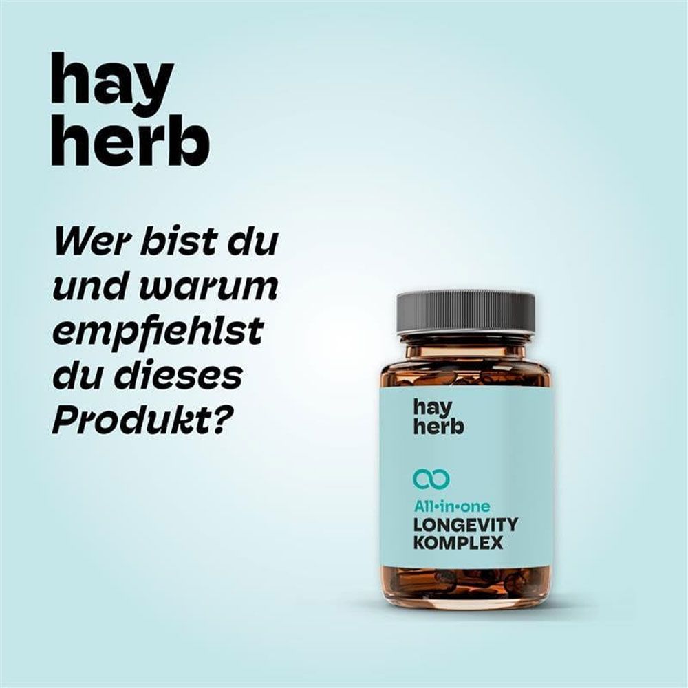 Produktflasche neben Text. "hay herb" oben. Frage: "Wer bist du und warum empfiehlst du dieses Produkt?"
