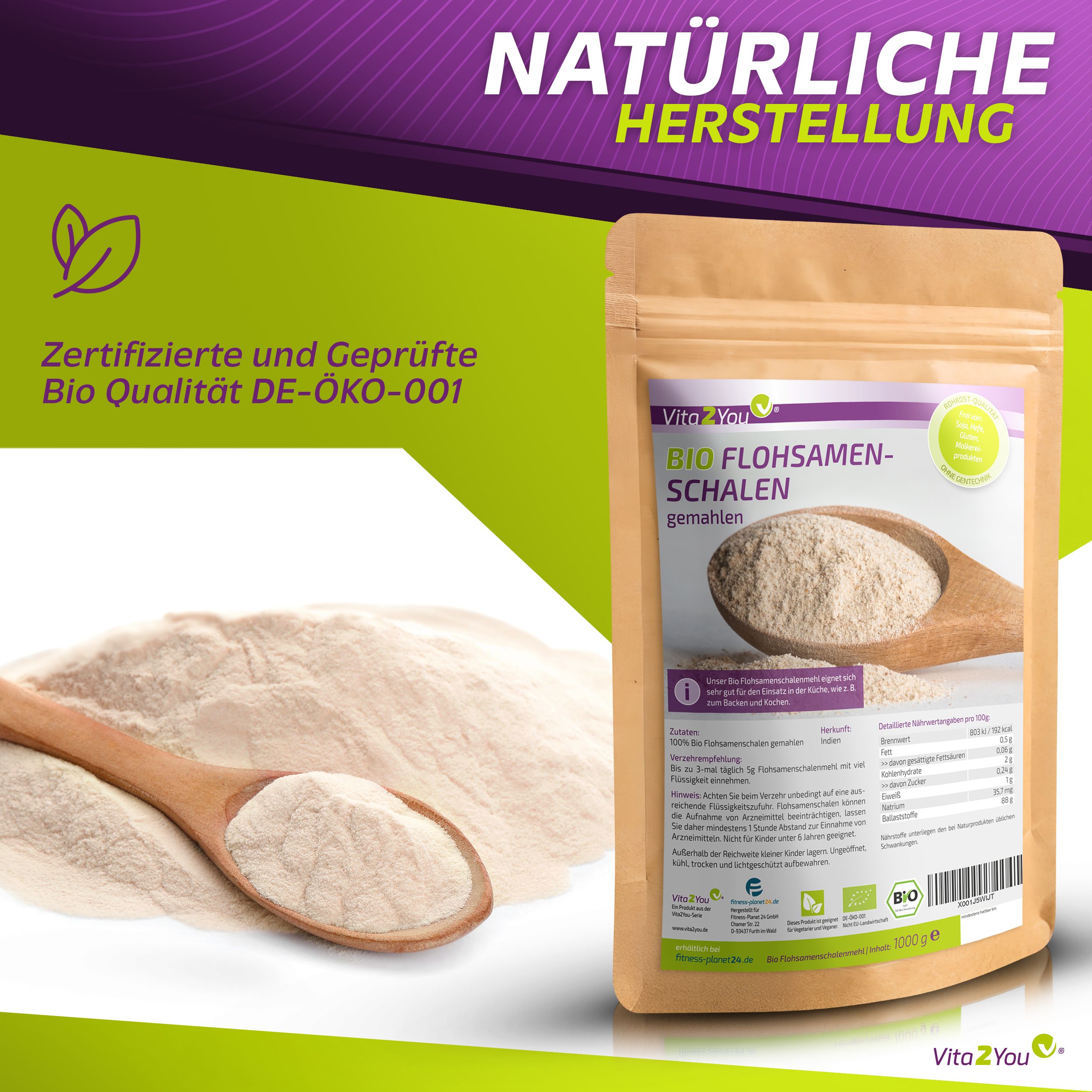 Vita2You Bio Flohsamenschalen gemahlen in Beutel. Produkt auf Holzlöffel und daneben. Text: 99% Reinheit, Bio-Qualität, 1000g.