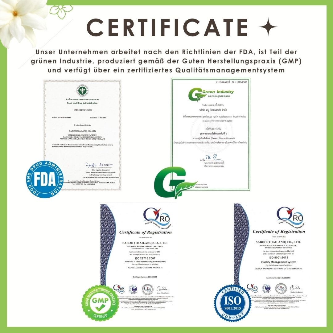 Zertifikate und Qualitätssiegel. FDA, GMP, ISO 9001. Text: Zertifiziertes Qualitätsmanagementsystem.