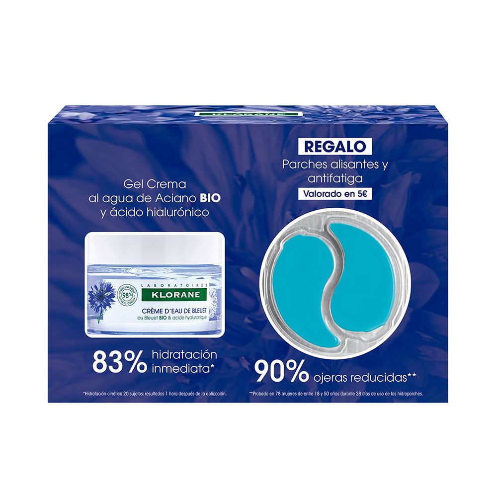 Geschenkpackung mit Gel-Creme und Augen-Pads. Enthält Gel-Creme mit Kornblumenwasser und Hyaluronsäure. Augen-Pads gegen Müdigkeit.