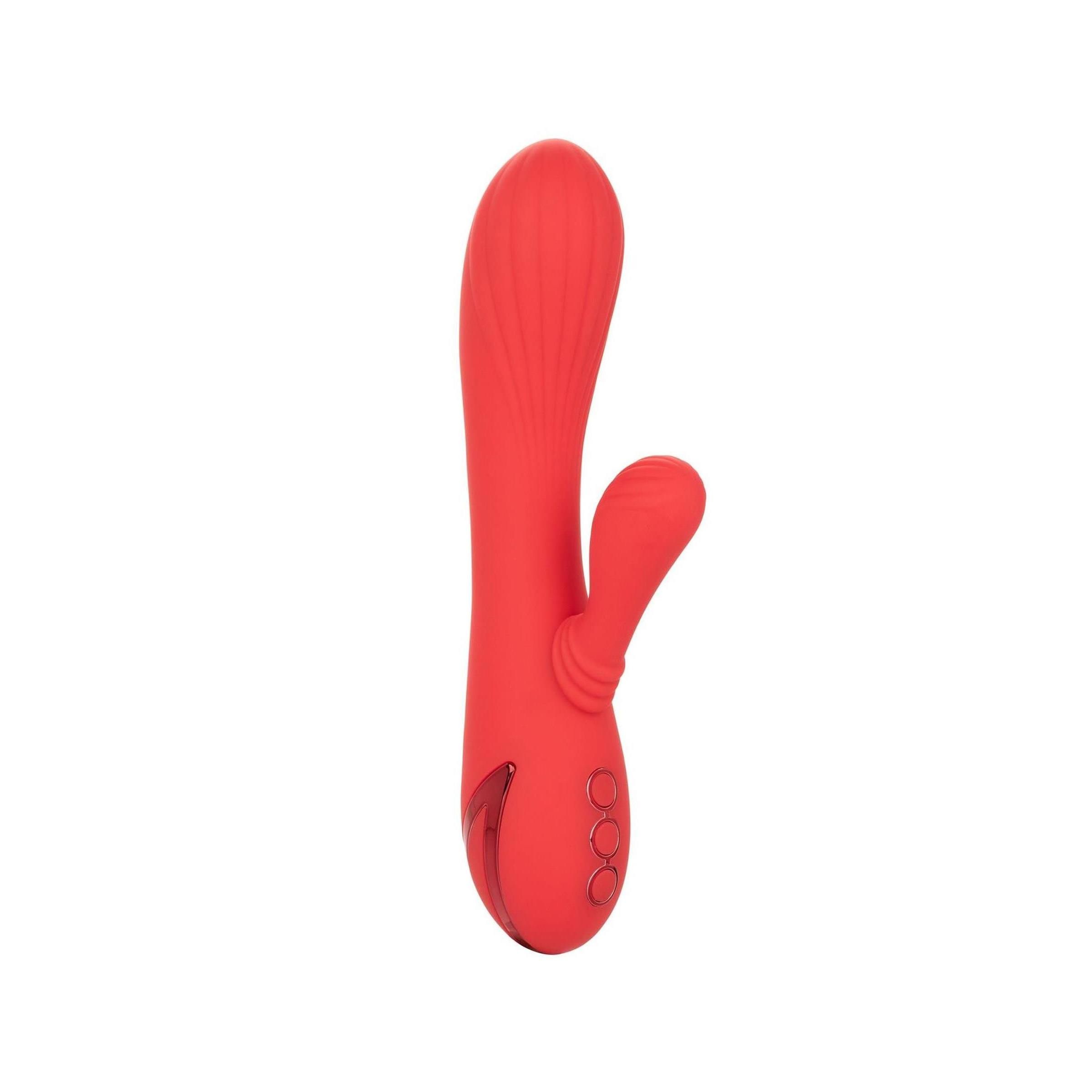Roter Vibrator. Geformt mit einem gebogenen Schaft und einem seitlichen Vorsprung. Drei Knöpfe unten.