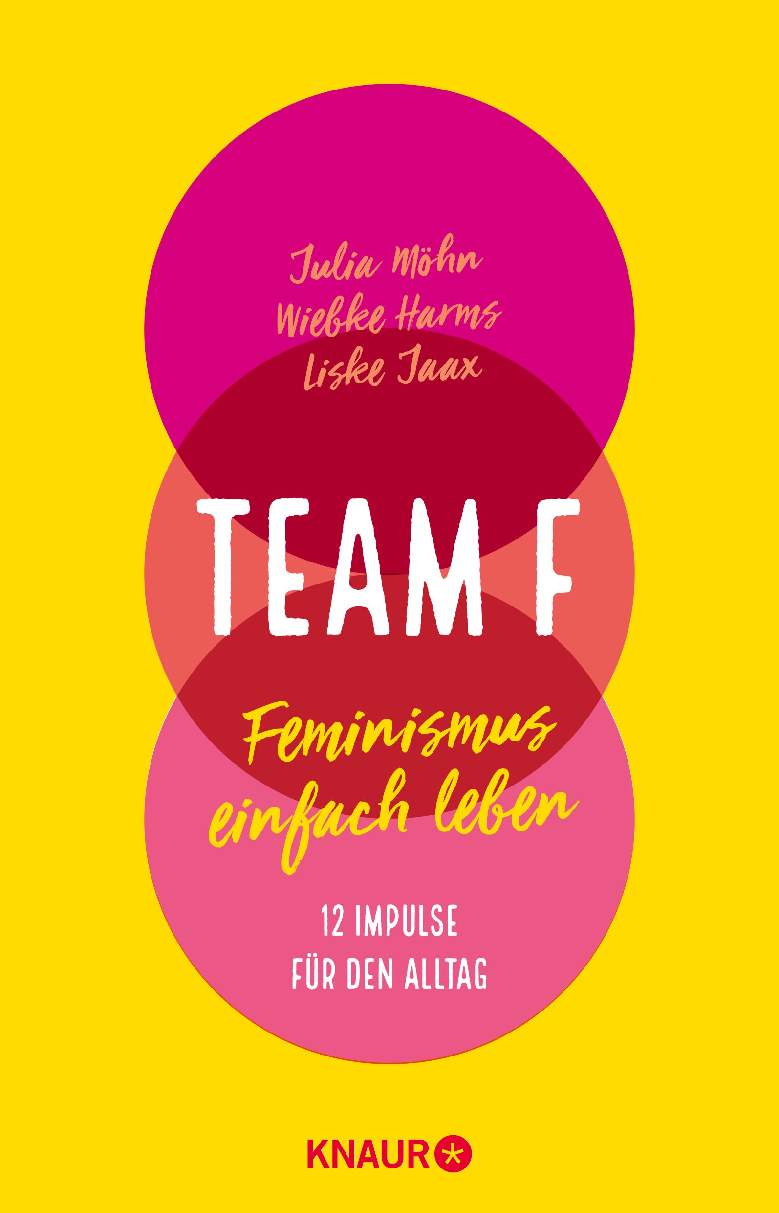 Buchcover mit gelbem Hintergrund, drei Kreisen und Schriftzug TEAM F. Titel: Feminismus einfach leben. Autoren: Julia Möhn, Wiebke Harms, Liske Jaux.
