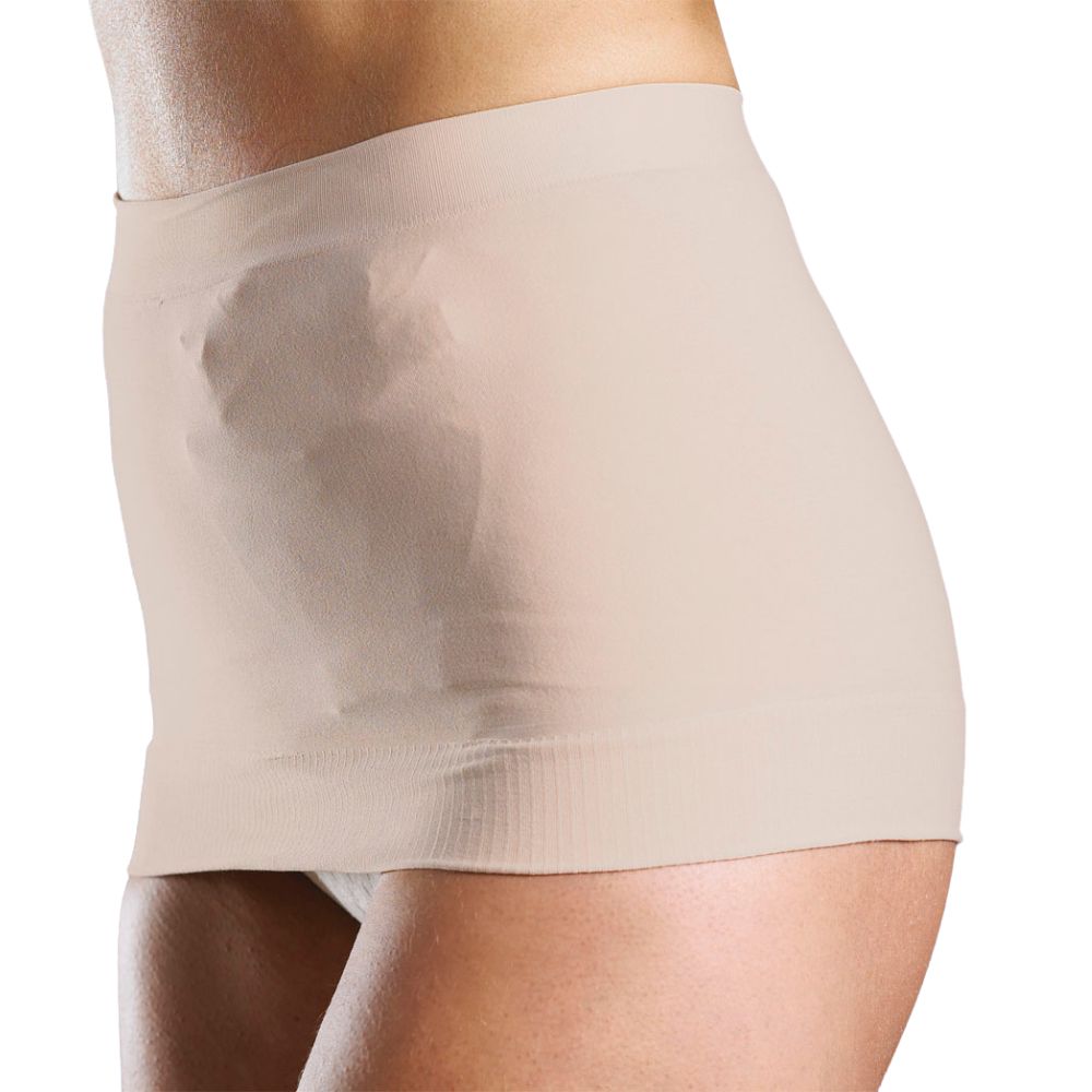 Beigefarbene Bauchbinde, seitliche Ansicht. Elastisches Material. Auf dem Körper getragen.
