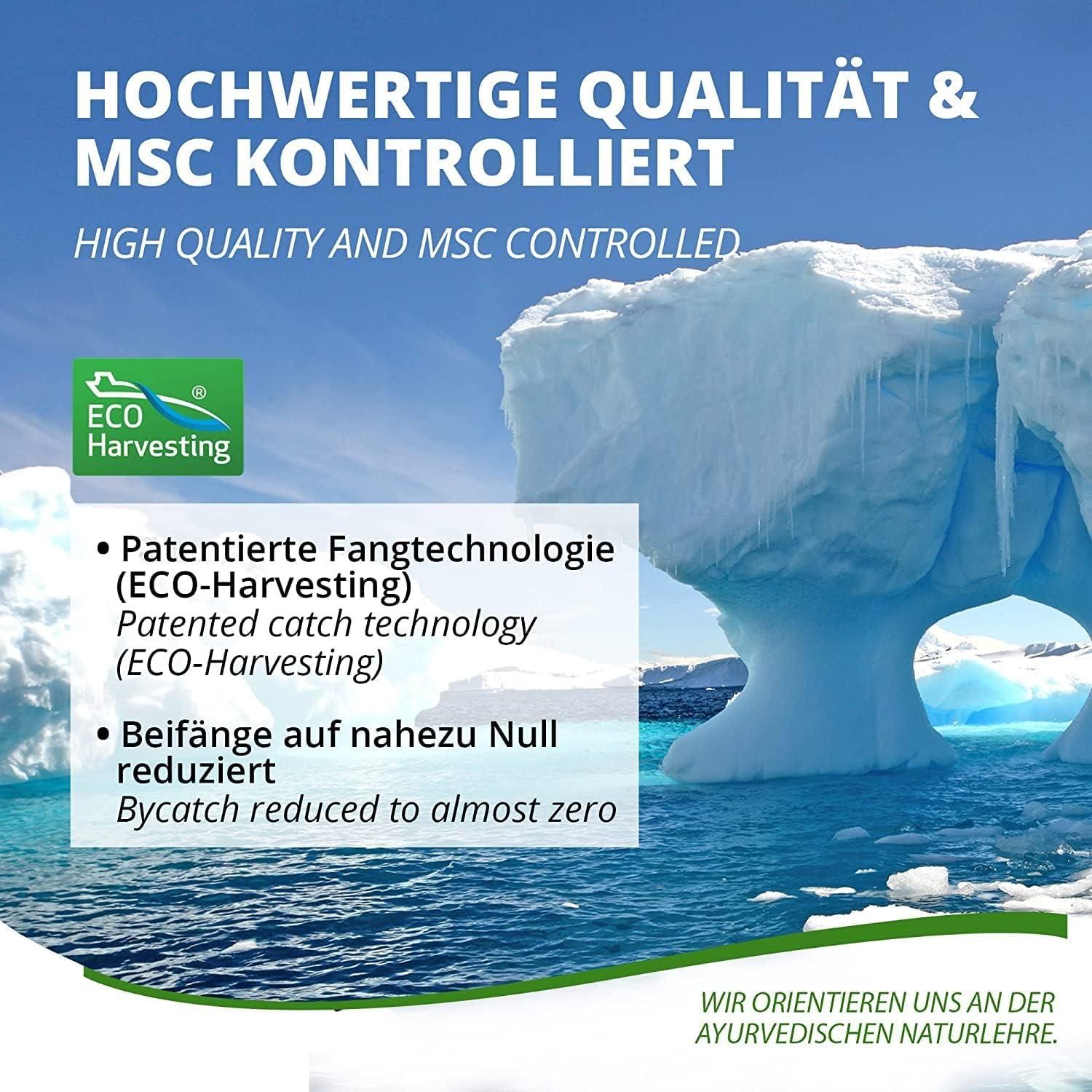 Eisberg-Landschaft. Text: Hochwertige Qualität & MSC kontrolliert. Eco Harvesting. Patentierte Fangtechnologie. Beifänge auf nahezu Null reduziert.