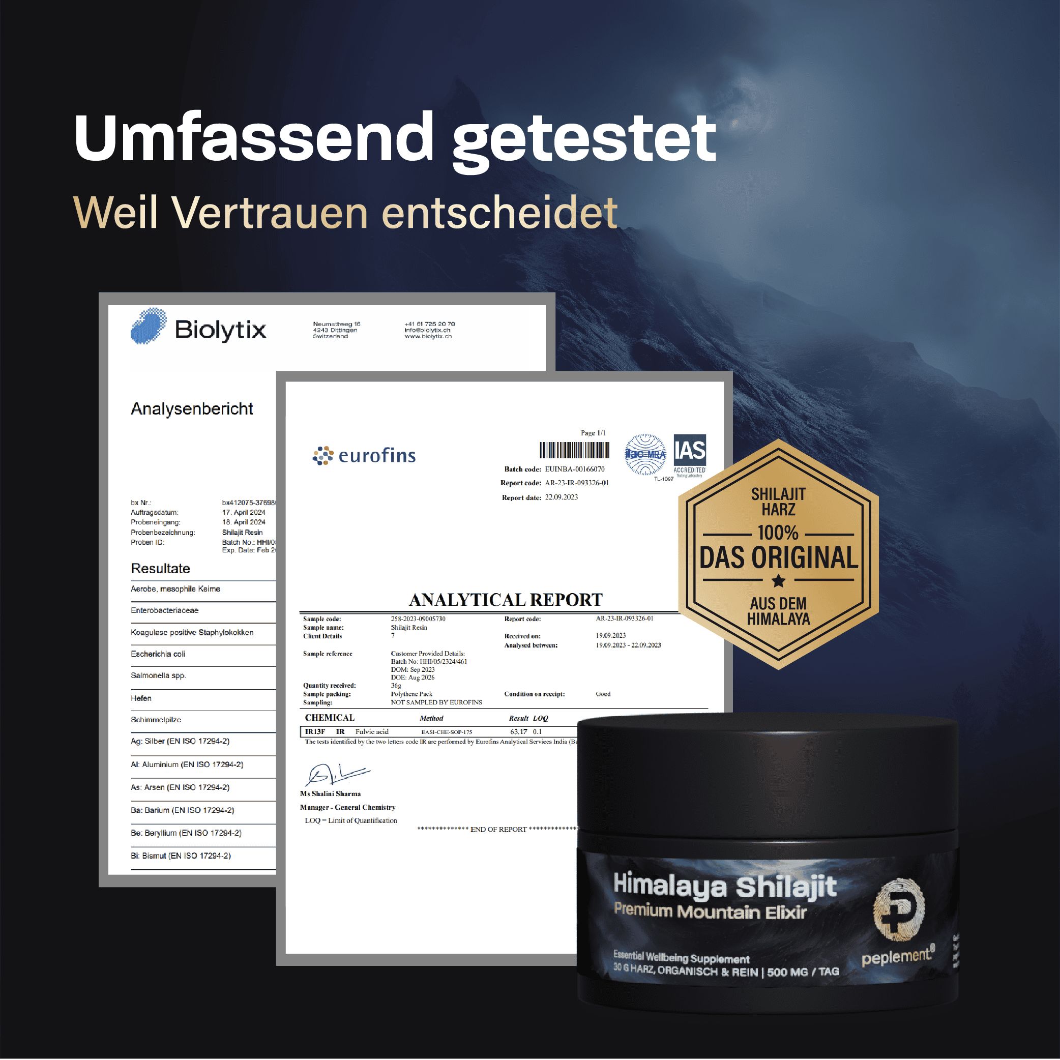 Dunkler Tiegel mit „Himalaya Shilajit Premium Mountain Elixir“ Aufschrift, daneben Analysezertifikate von Biorytix und Eurofins.