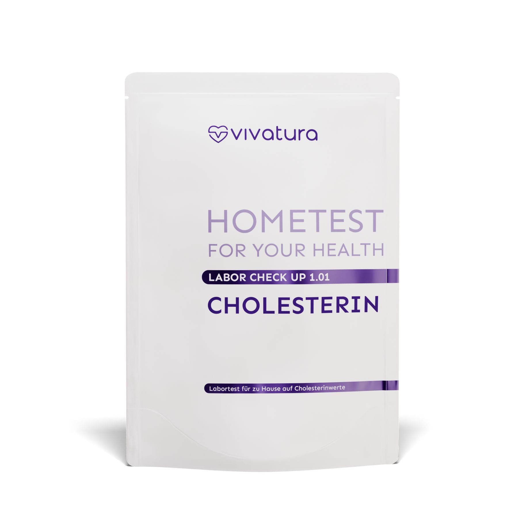 Weißer Beutel mit Aufdruck. Oben Logo und Schriftzug vivatura. Darunter: Hometest, Cholesterin. Laborcheck 1.01.