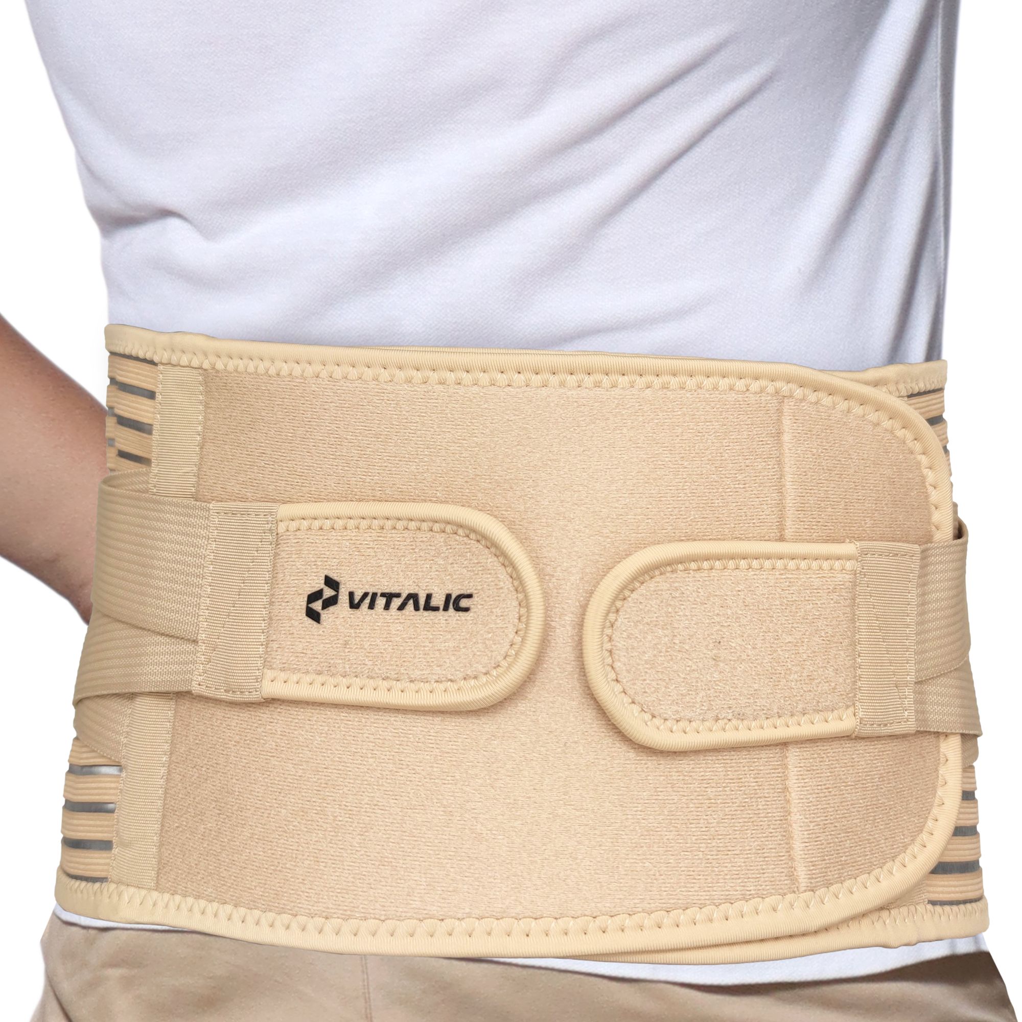Beige Rückenstützgürtel mit Logo. Klettverschlüsse und elastische Bänder.