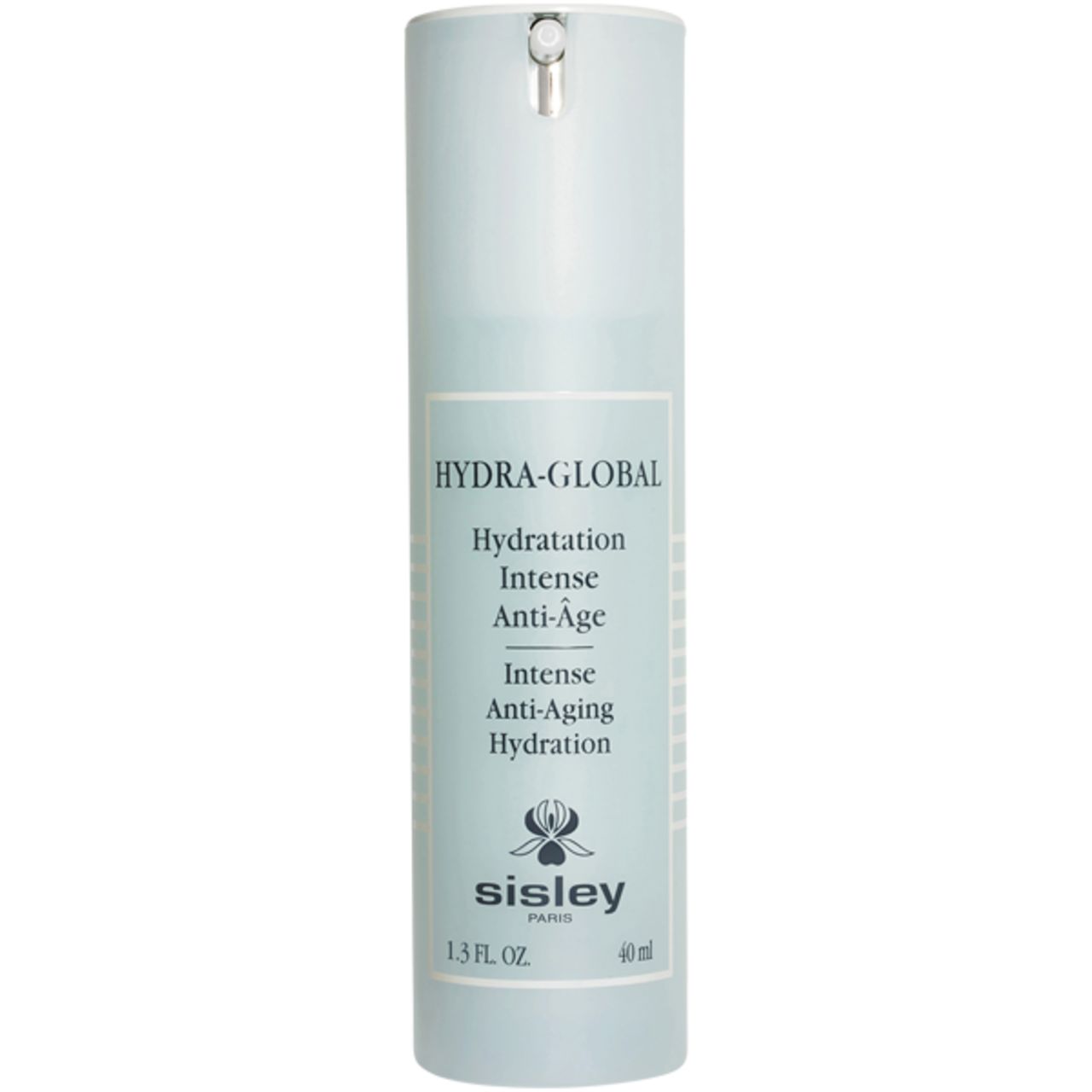 Hellblaue Flasche Sisley Hydra-Global mit Pumpe. Text: Hydra-Global, Hydratation Intense Anti-Age, Intense Anti-Aging Hydration. Marke Sisley.
