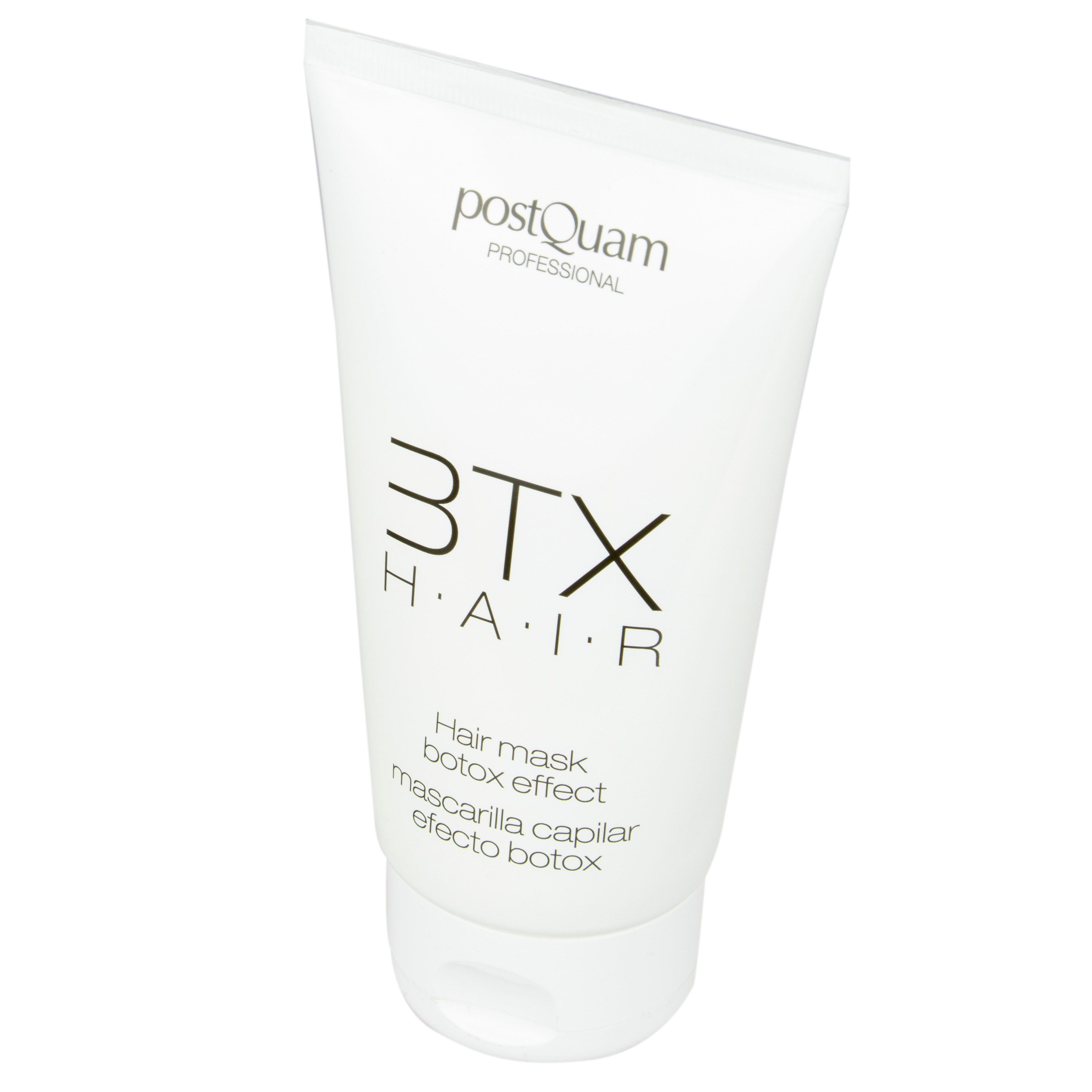 Weiße Tube mit schwarzem Aufdruck. Text: Postquam, 3TX HAIR, Hair mask botox effect, Mascarilla capilar efecto botox.