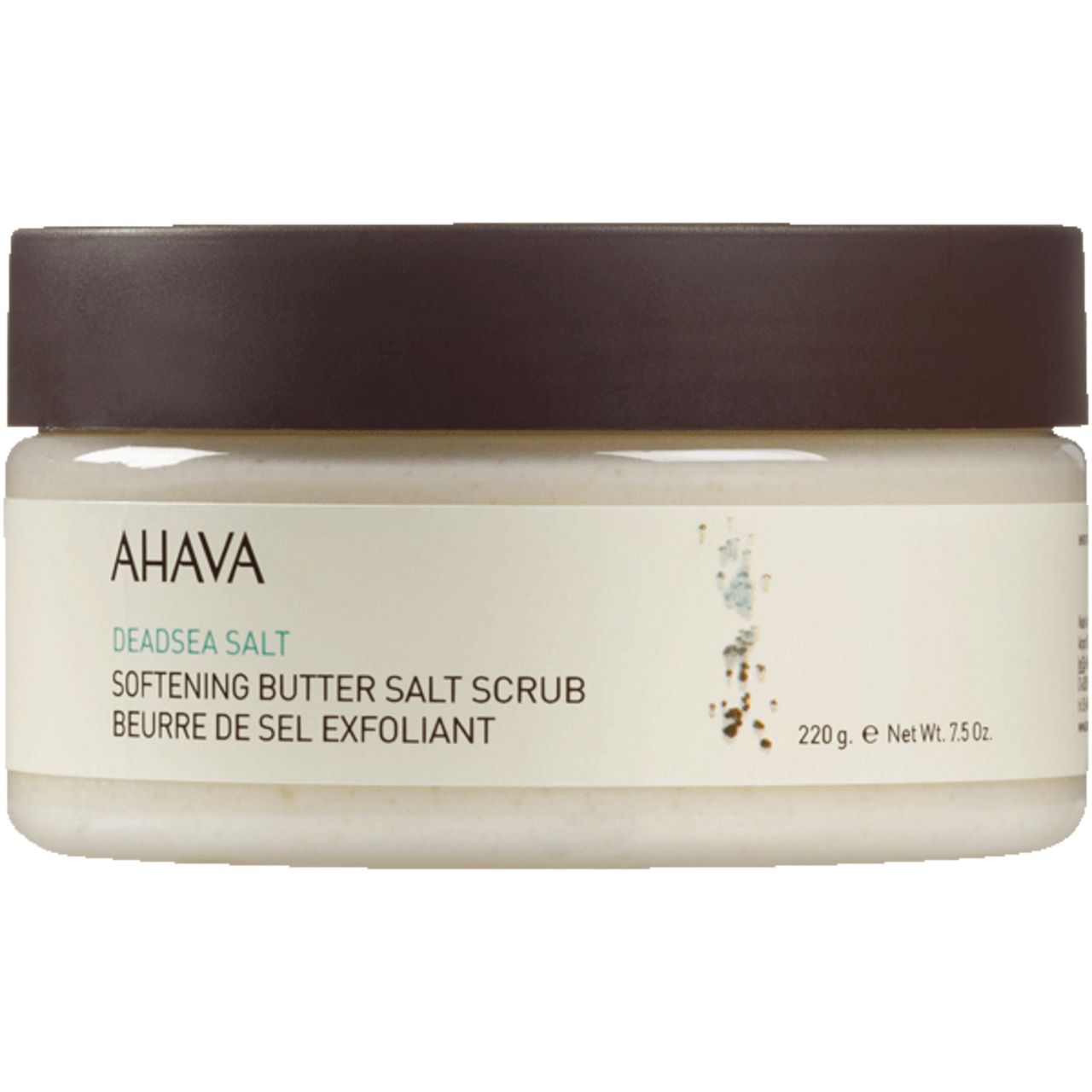 AHAVA Deadsea Salt Softening Butter Salt Scrub. Glasbehälter mit braunem Deckel. Produktname, Logo und Gewicht auf dem Etikett.