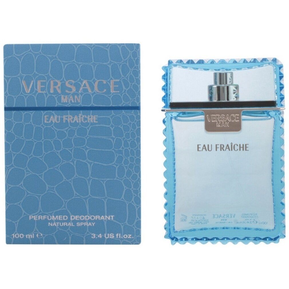 Eau Fraiche-Parfümflakon und Schachtel. Flakon hellblau mit silbernem Verschluss. Schachtel blau mit Krokodilmuster.
