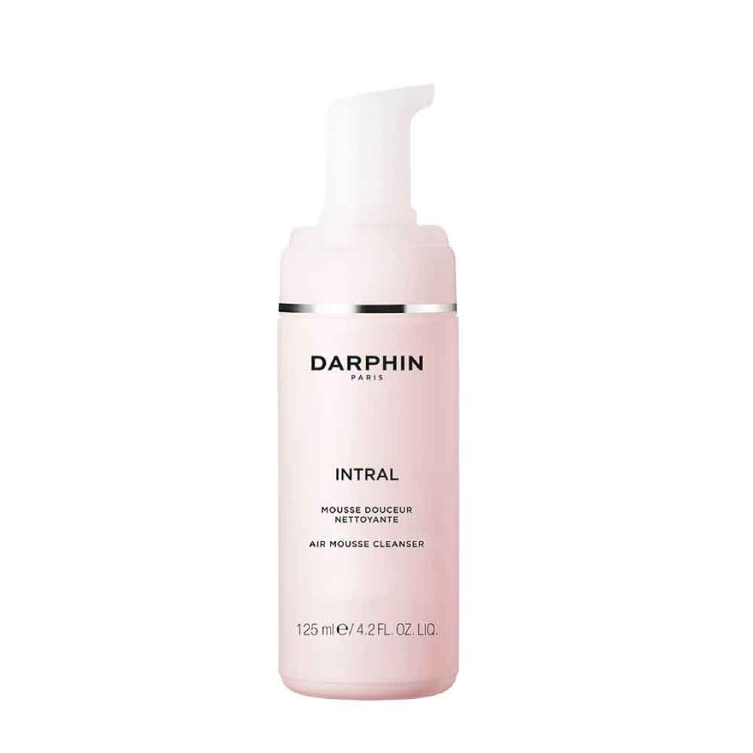 Rosa Flasche mit weißem Pumpkopf. Text: Darphin, Intral, Air Mousse Cleanser. 125 ml.