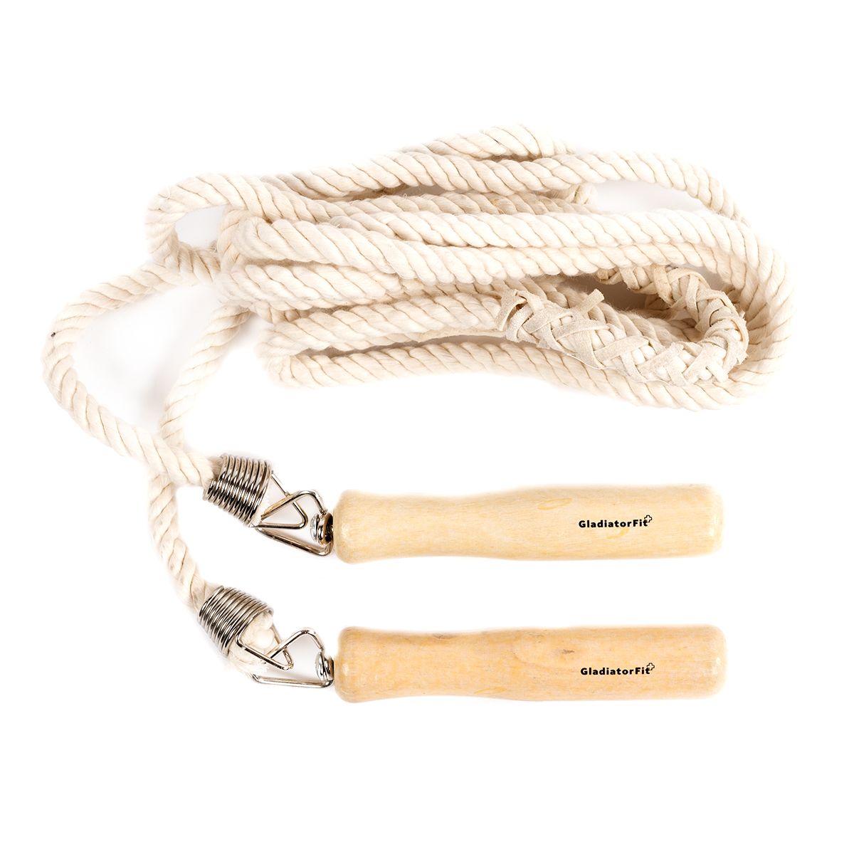 Springseil mit Holzgriffen. Beige Seil, Holzgriffe mit Metallverbindungen. Aufschrift GladiatorFit.