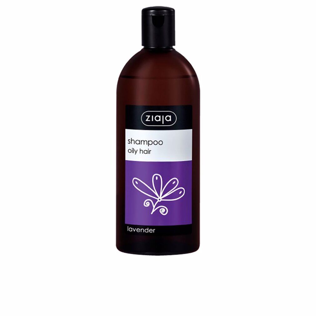 Ziaja Lavanda Shampoo für fettiges Haar. Braune Flasche mit schwarzem Verschluss und lila Etikett mit Lavendelmotiv.
