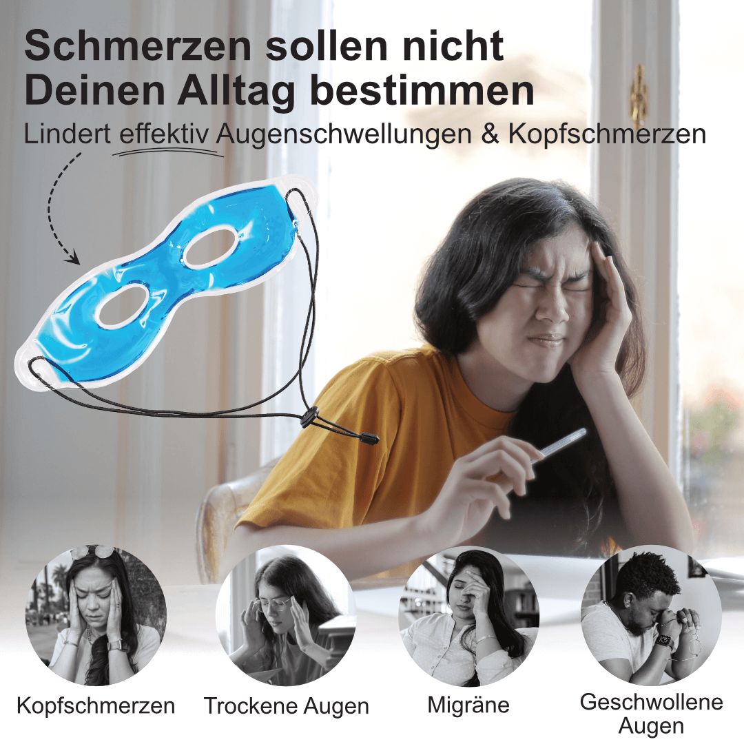Frau mit Augenmaske, hält sich den Kopf. Text: Lindert Augenschwellungen & Kopfschmerzen. Vier kleine Bilder.