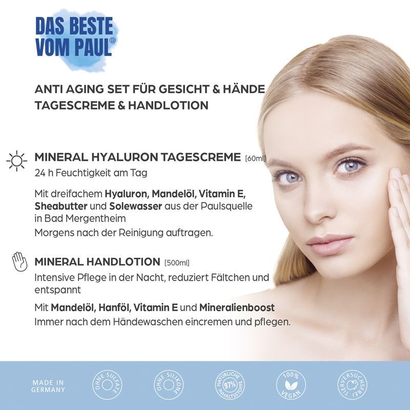 Frau mit Informationen zu Hautpflegeprodukten. Text: Anti-Aging Set für Gesicht & Hände. Mineral Hyaluron Tagescreme und Handlotion. Made in Germany.
