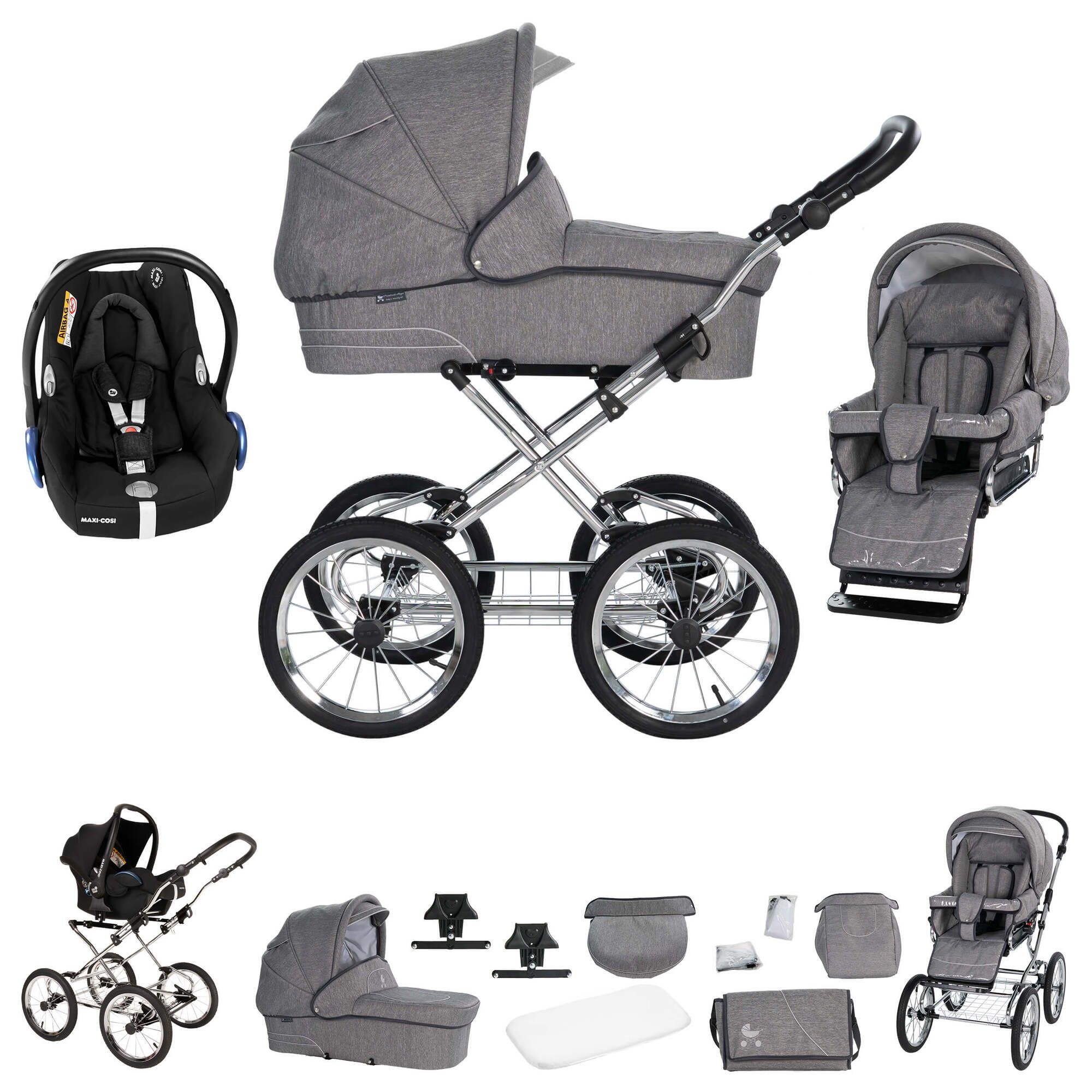 Friedrich Hugo München 3 in 1 Kinderwagen mit original Maxi Cosi, Anthrazit Chrom Schwarz