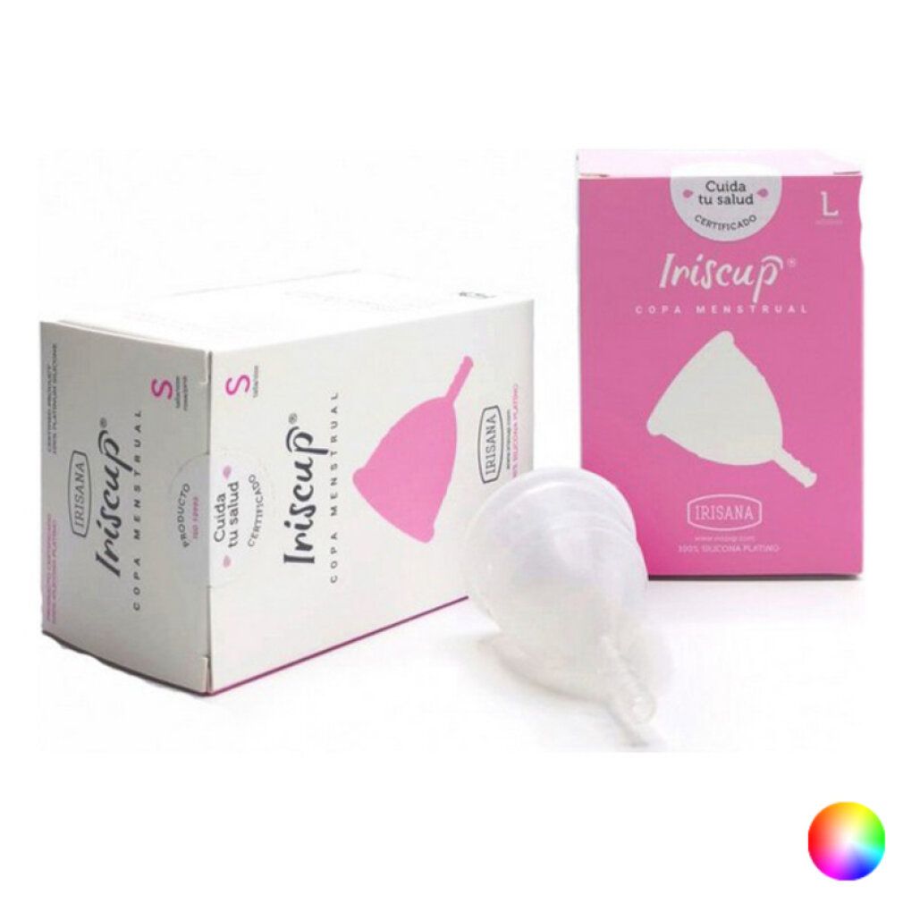 Iriscup Menstruationstassen und Verpackungen. Rosa und transparente Cups. Verpackungen mit Produktnamen und Logo.