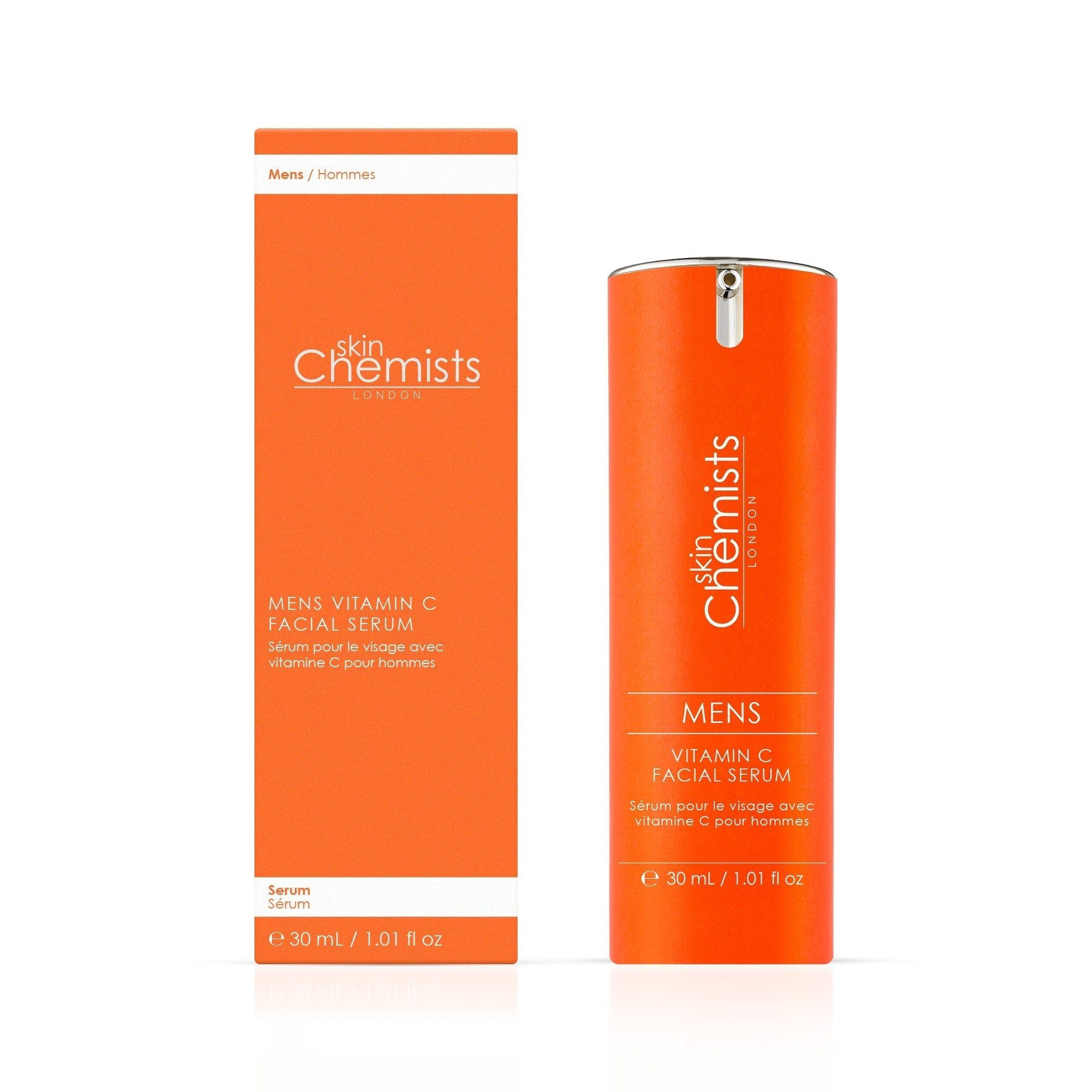 Orangefarbene Flasche und Schachtel mit "MENS Vitamin C Facial Serum".