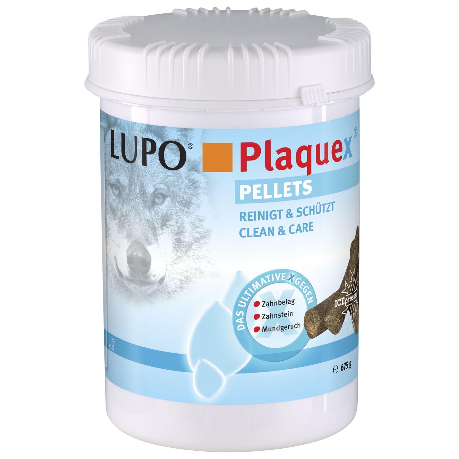 Weiße Dose mit Produktnamen LUPO Plaquex Pellets. Aufschrift: Reinigt & Schützt. Abbildung eines Wolfs und Produktabbildung.