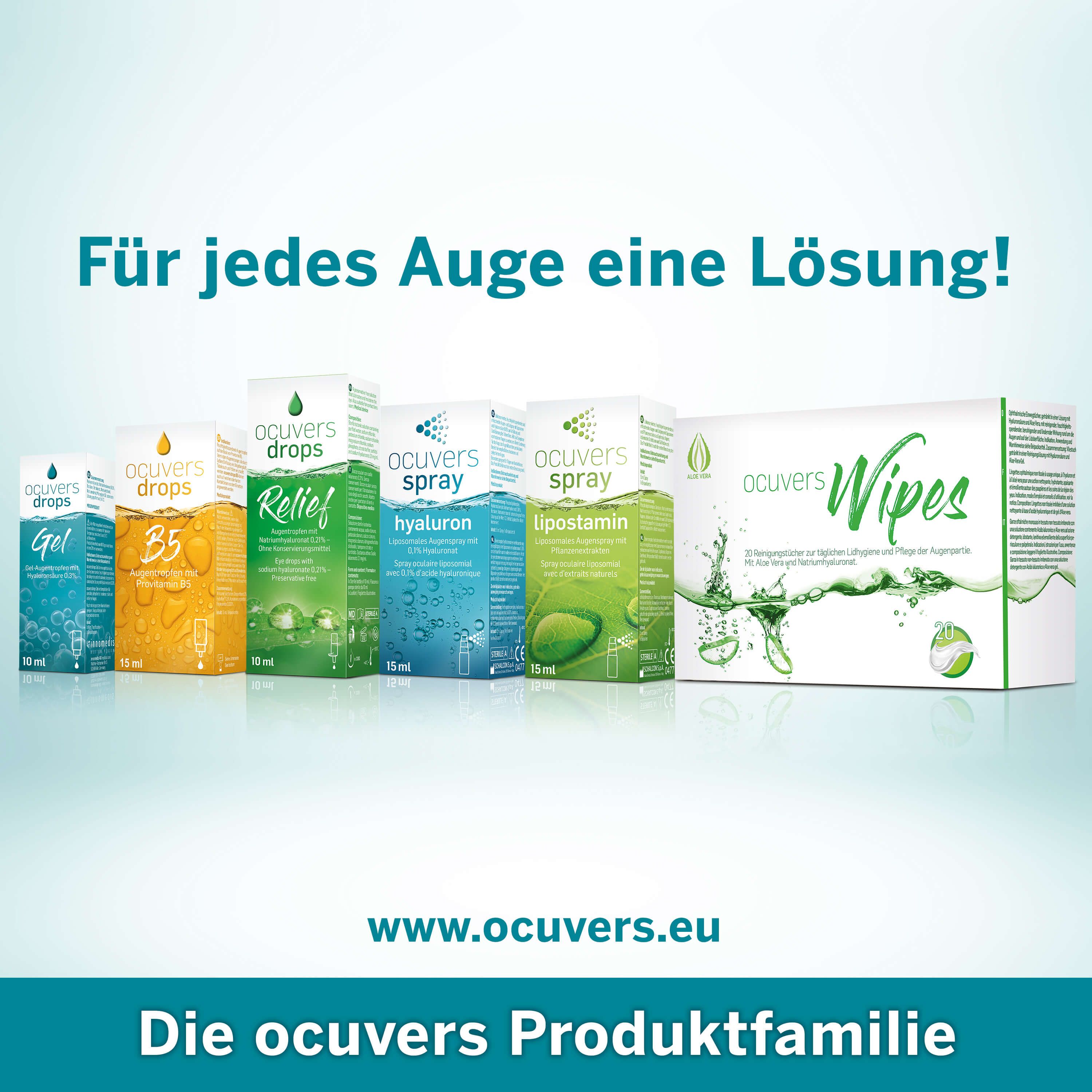 Produktfamilie: ocuvers drops Gel, B5, Relief, Spray, lipostamin, Wipes. Text: Für jedes Auge eine Lösung!