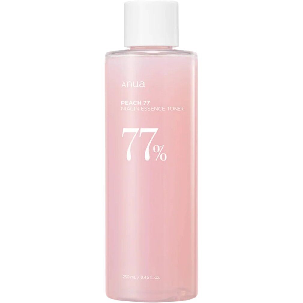 ANUA Peach 77% Niacin Essence Toner in einer durchsichtigen Flasche mit weißem Deckel.