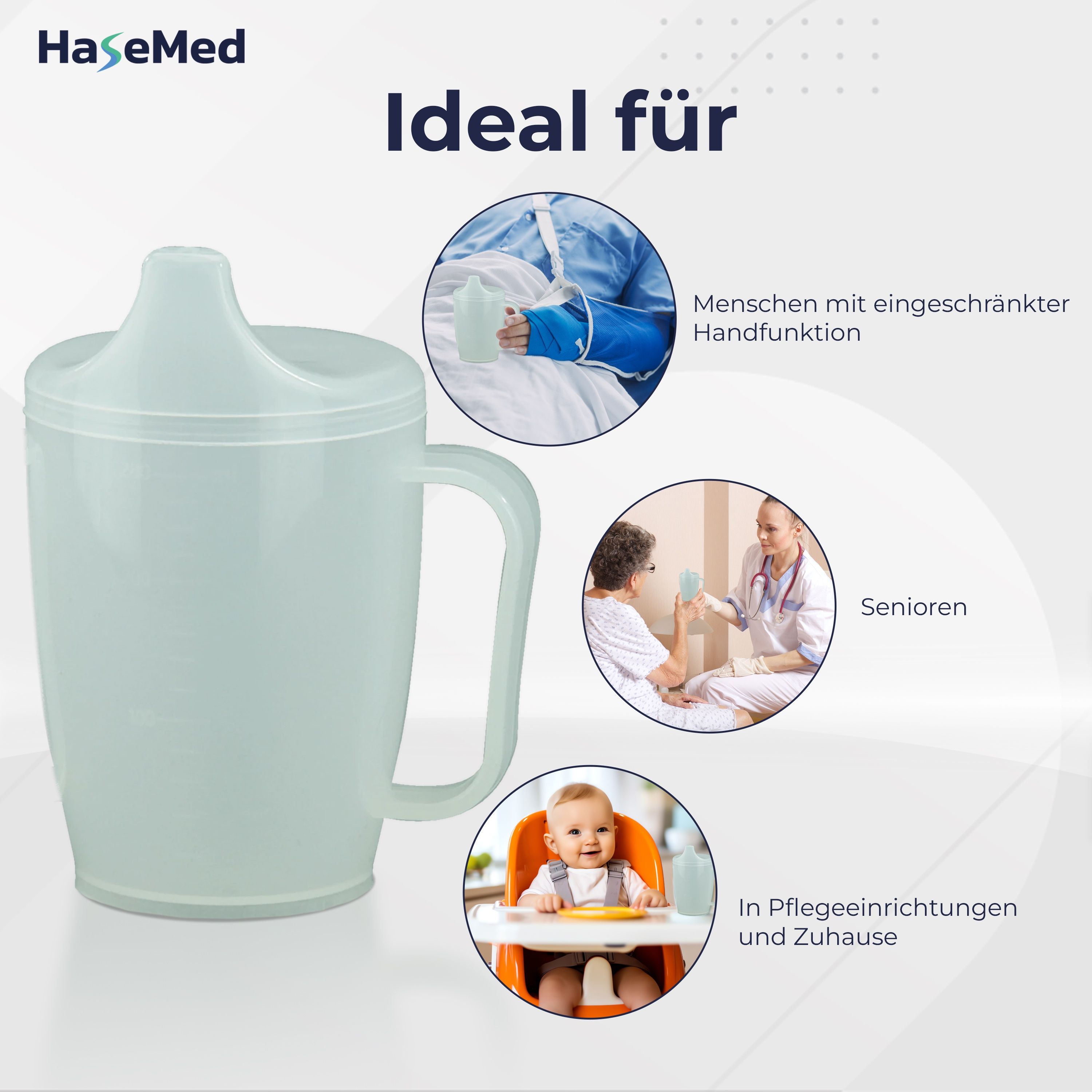Hellgrauer Trinkbecher mit Griff und Tülle. Ideal für: Menschen mit eingeschränkter Handfunktion, Senioren, Pflegeeinrichtungen. Marke HaseMed.