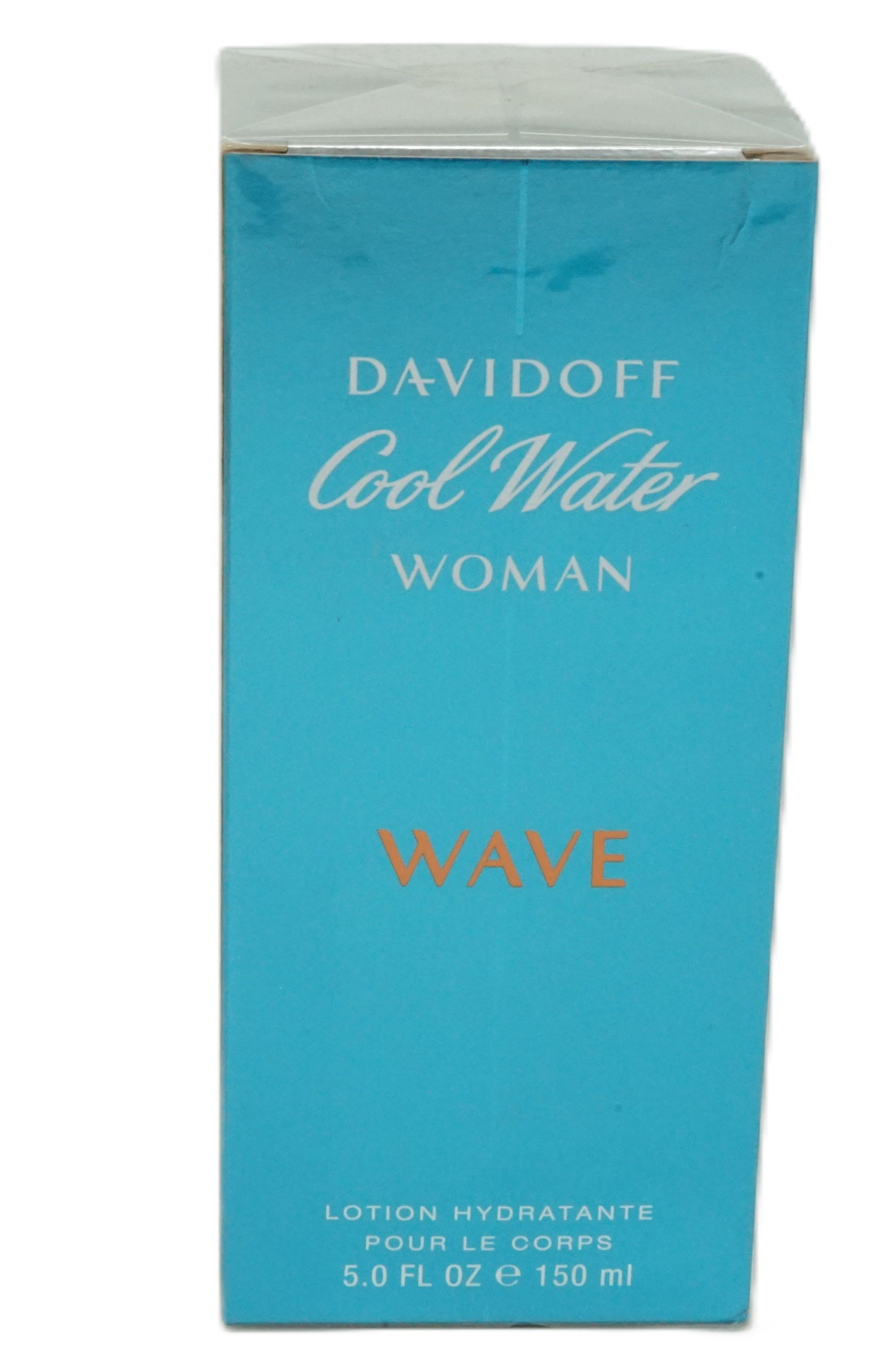 Davidoff Cool Water Woman Wave Body Lotion. Rechteckige Verpackung, blau-türkis. Schriftzug und Produktbezeichnung. 5.0 FL OZ e 150 ml.