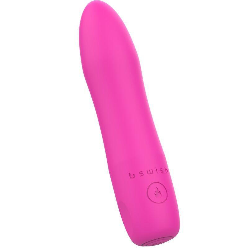 Pinkfarbener Vibrator mit abgerundeter Spitze. Auf der Oberfläche ist das Logo von b swish und ein Symbol abgebildet.
