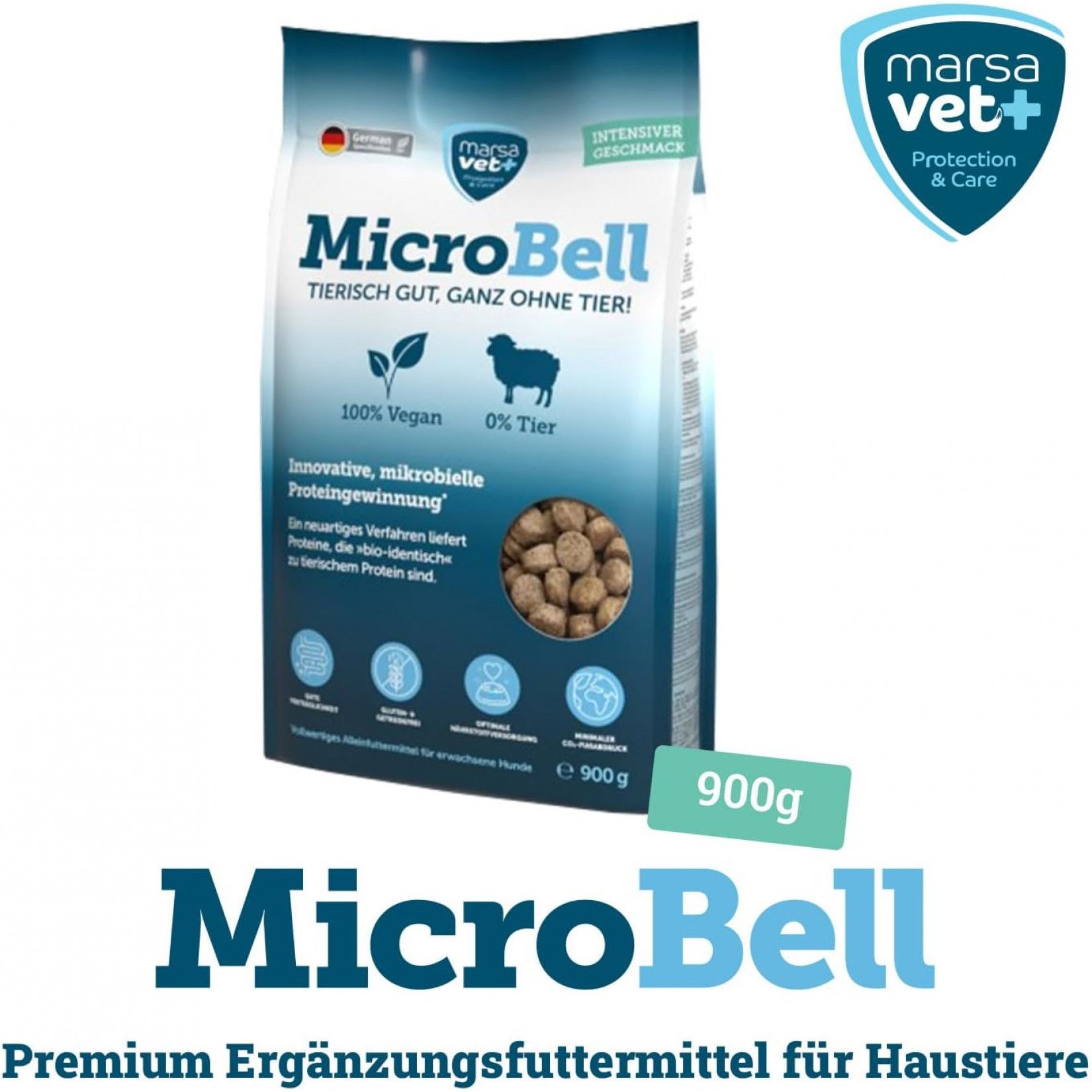 Marsavet MicroBell Hundefutter-Beutel. Der Beutel zeigt das Produkt, die Marke und die Inhaltsstoffe. Aufschrift: Tierisch gut, ganz ohne Tier!