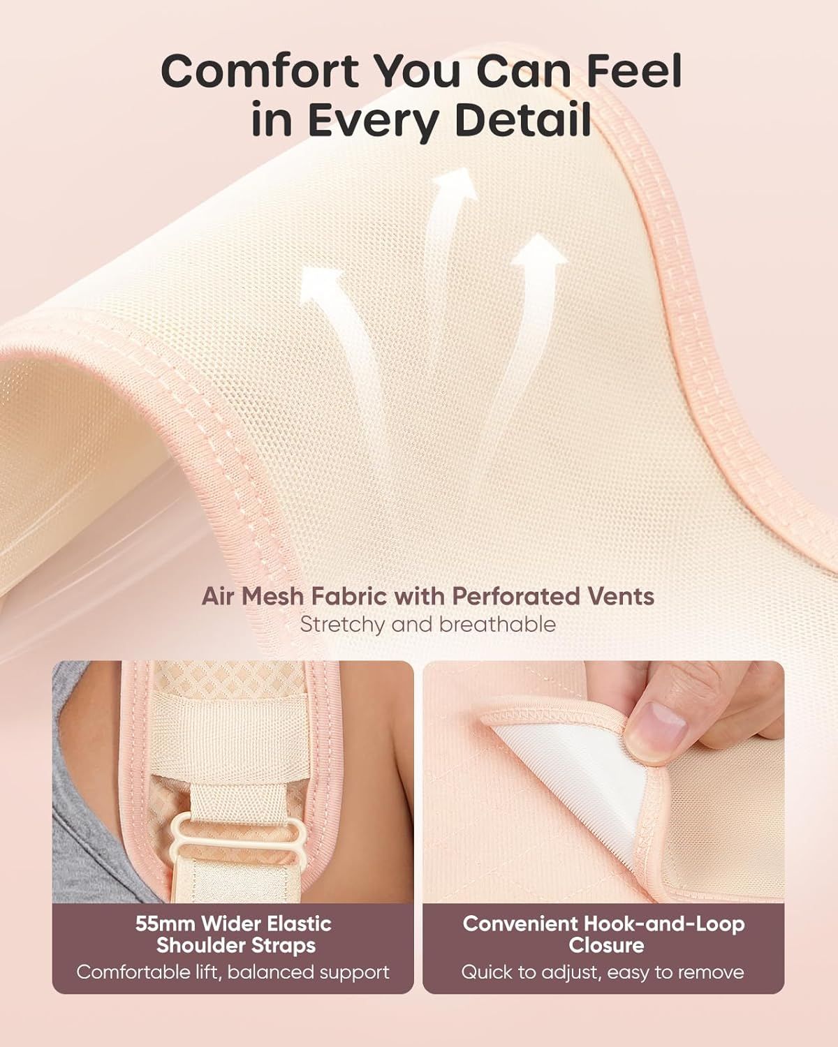 Detailansicht des atmungsaktiven Air-Mesh-Stoffes und des Klettverschlusses.