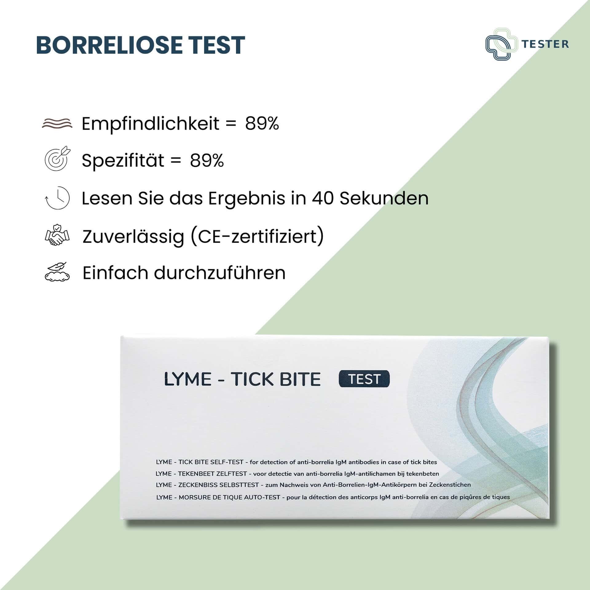 Verpackung des Borreliose-Tests mit Informationen zu Sensitivität, Spezifität und CE-Zertifizierung.