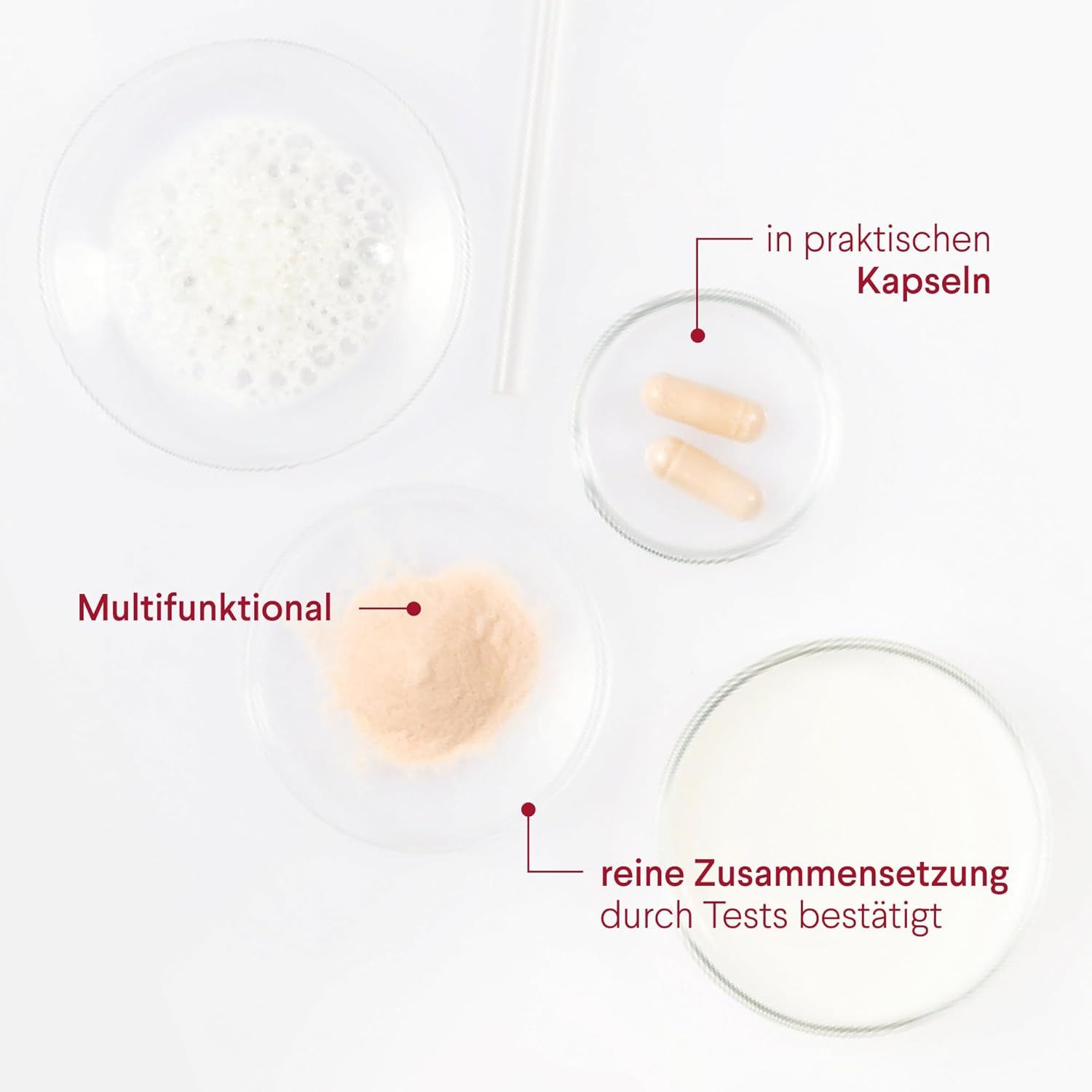 Verschiedene Behälter mit Inhaltsstoffen und Kapseln. Text: Multifunktional, reine Zusammensetzung, in praktischen Kapseln.