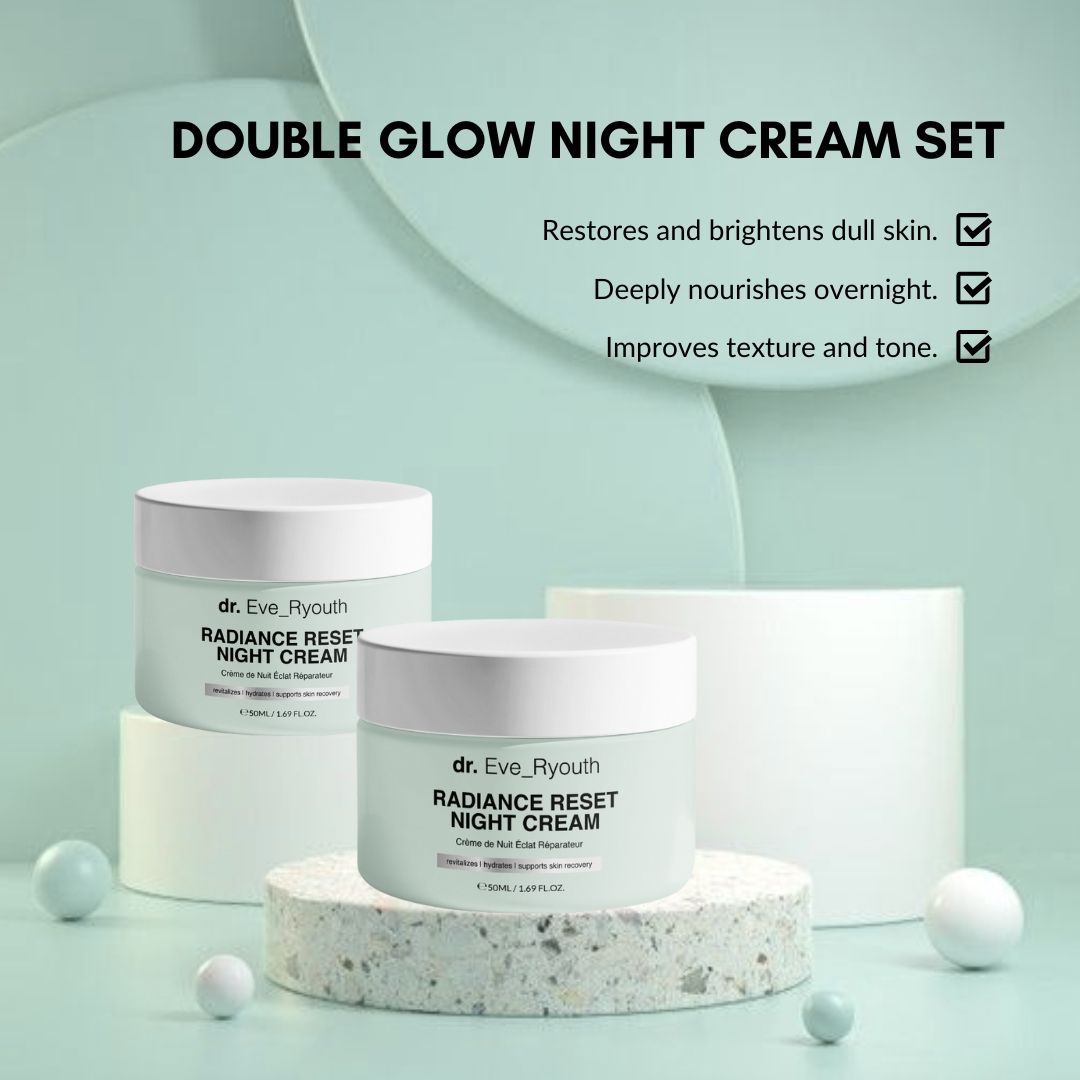 Drei Tiegel Nachtcreme auf Podest. Aufschrift: Dr. Eve_Ryouth, Radiance Reset Night Cream. Text: DOUBLE GLOW NIGHT CREAM SET.