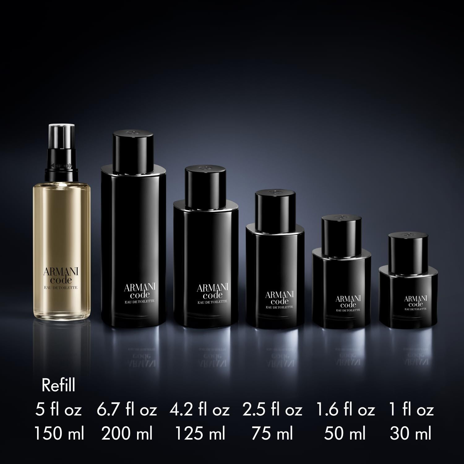 Sechs Flakons verschiedener Größen. Text: "ARMANI CODE EAU DE TOILETTE". Größenangaben in ml und fl oz.
