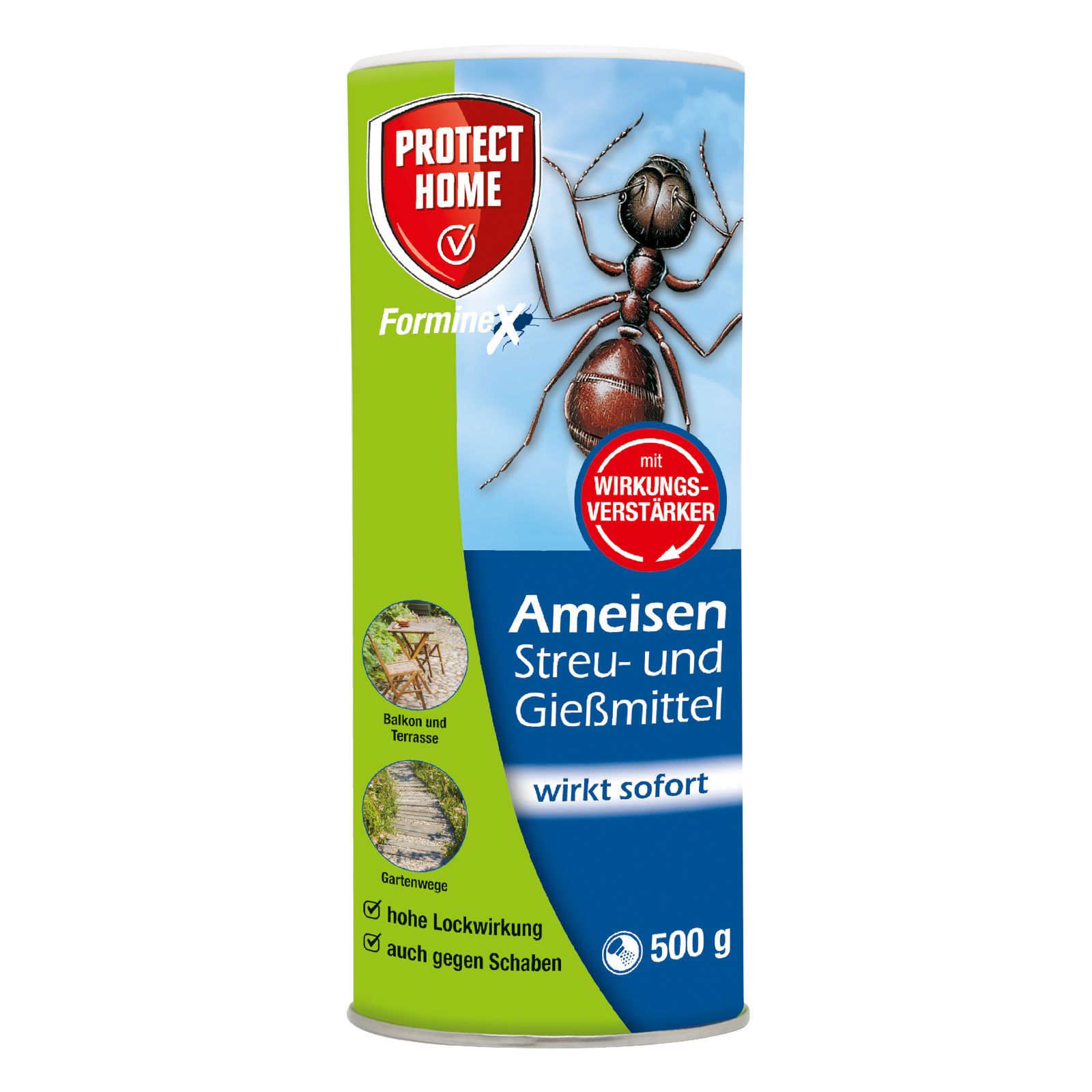 Zylindrische Dose mit "PROTECT HOME FormineX Ameisen Streu- und Gießmittel". Roter Deckel, grüne Schrift, Ameisen-Illustration.