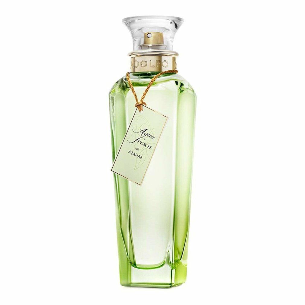 Adolfo Dominguez Agua Fresca De Azahar Flakon mit Etikett. Grüner Flakon mit transparenter Flüssigkeit. Goldener Verschluss.