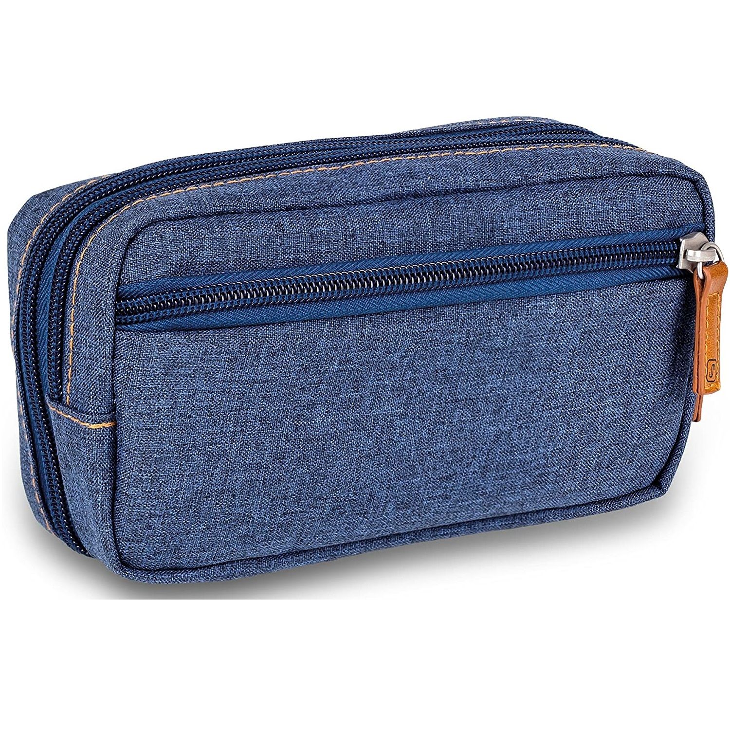 Blaue, thermoisolierte Diabetikertasche mit Reißverschluss und braunem Logo-Patch. Marke: Elite Bags.