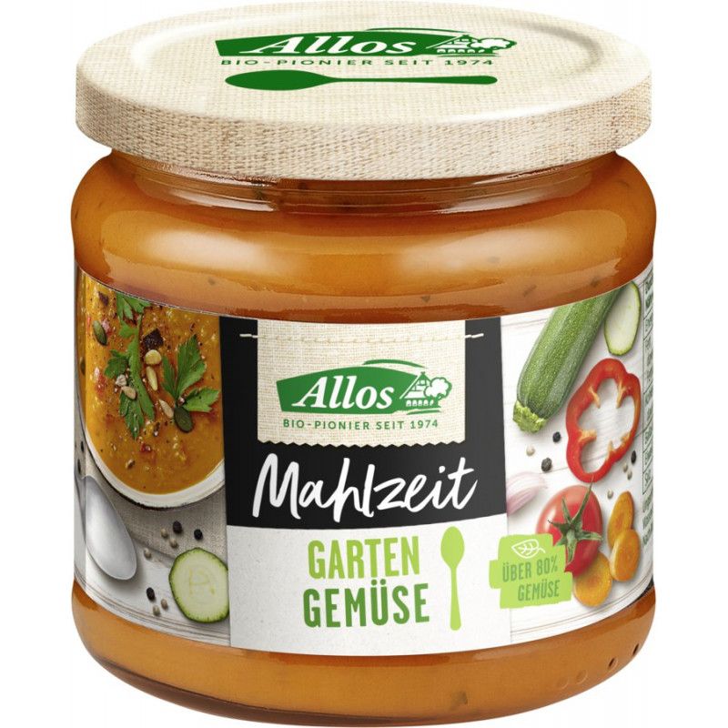 Glas mit Aufschrift Allos Mahlzeit Garten Gemüse. Deckel mit Logo. Gemüse-Illustrationen.