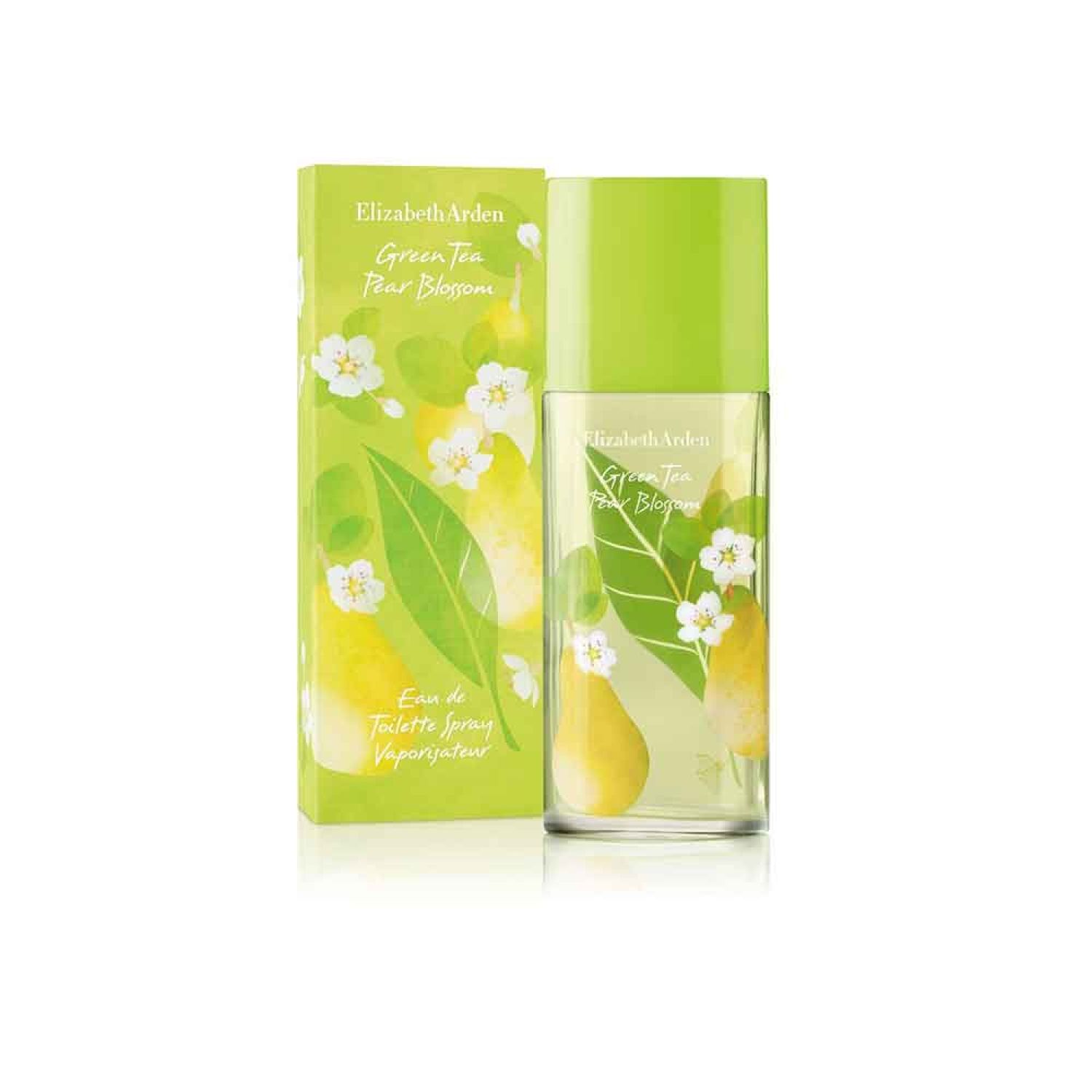 Flakon und Schachtel mit floralem Design. Aufschrift: Elizabeth Arden Green Tea Pear Blossom. Eau de Toilette Spray.