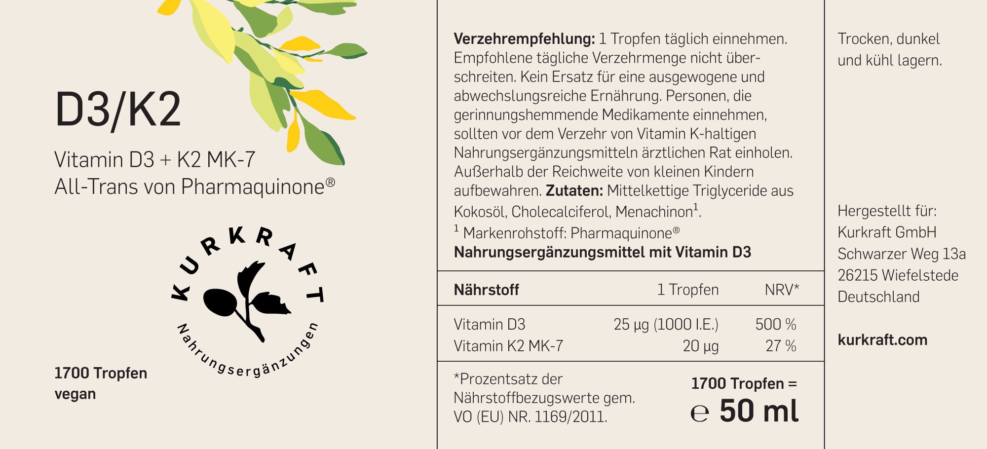 Nahaufnahme des Etiketts von Kurkraft Vitamin D3/K2 Tropfen. Enthält Nährwertangaben und Herstellerinformationen.