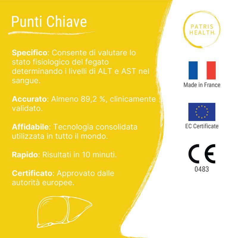 Fatti importanti sul test della funzionalità epatica. Certificato, clinicamente convalidato. Risultati in 10 minuti. Made in France.