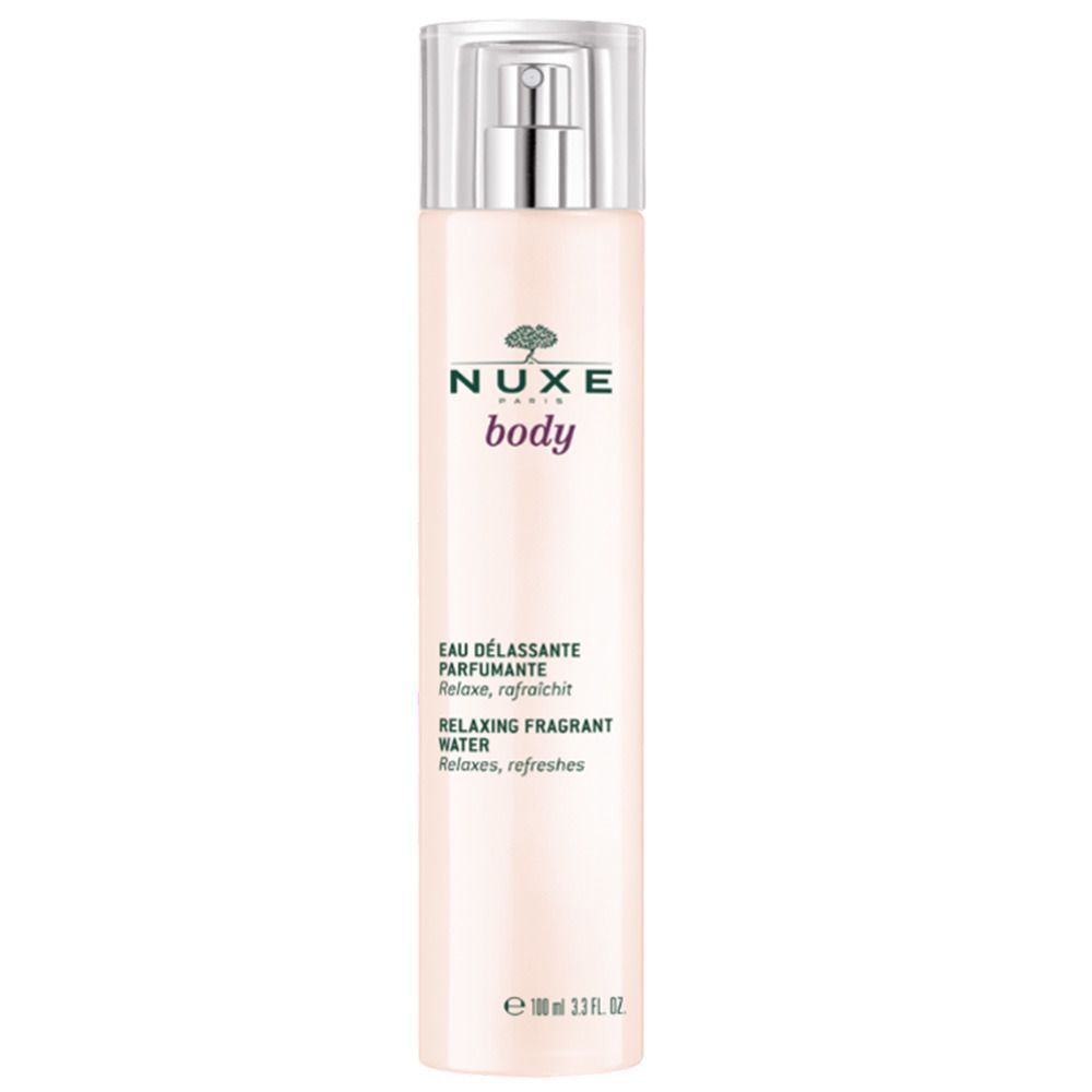 NUXE body Duftspray. Flasche mit Zerstäuber. Rosa Flüssigkeit. Aufschrift: NUXE body, Eau Délassante Parfumante, Relaxing fragrant water.