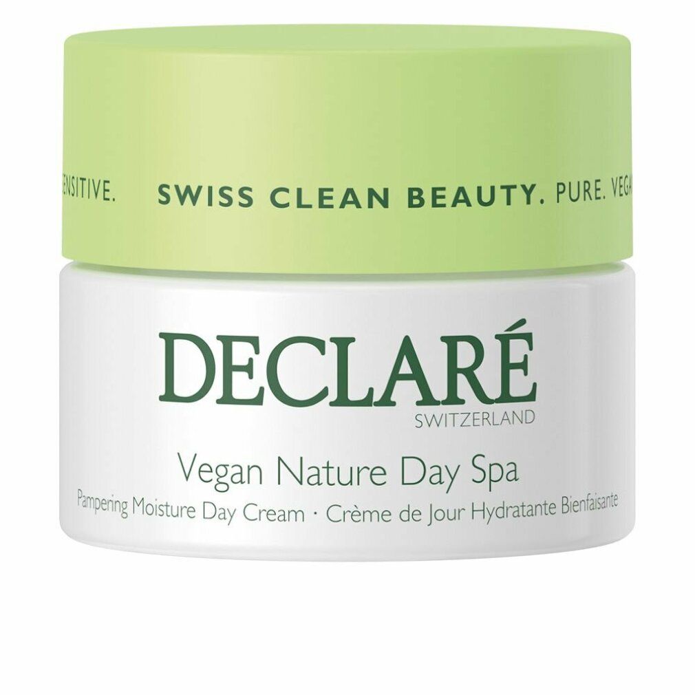 Creme-Tiegel mit grünem Deckel. Aufschrift: DECLARÉ, Vegan Nature Day Spa. Text: Pampering Moisture Day Cream.