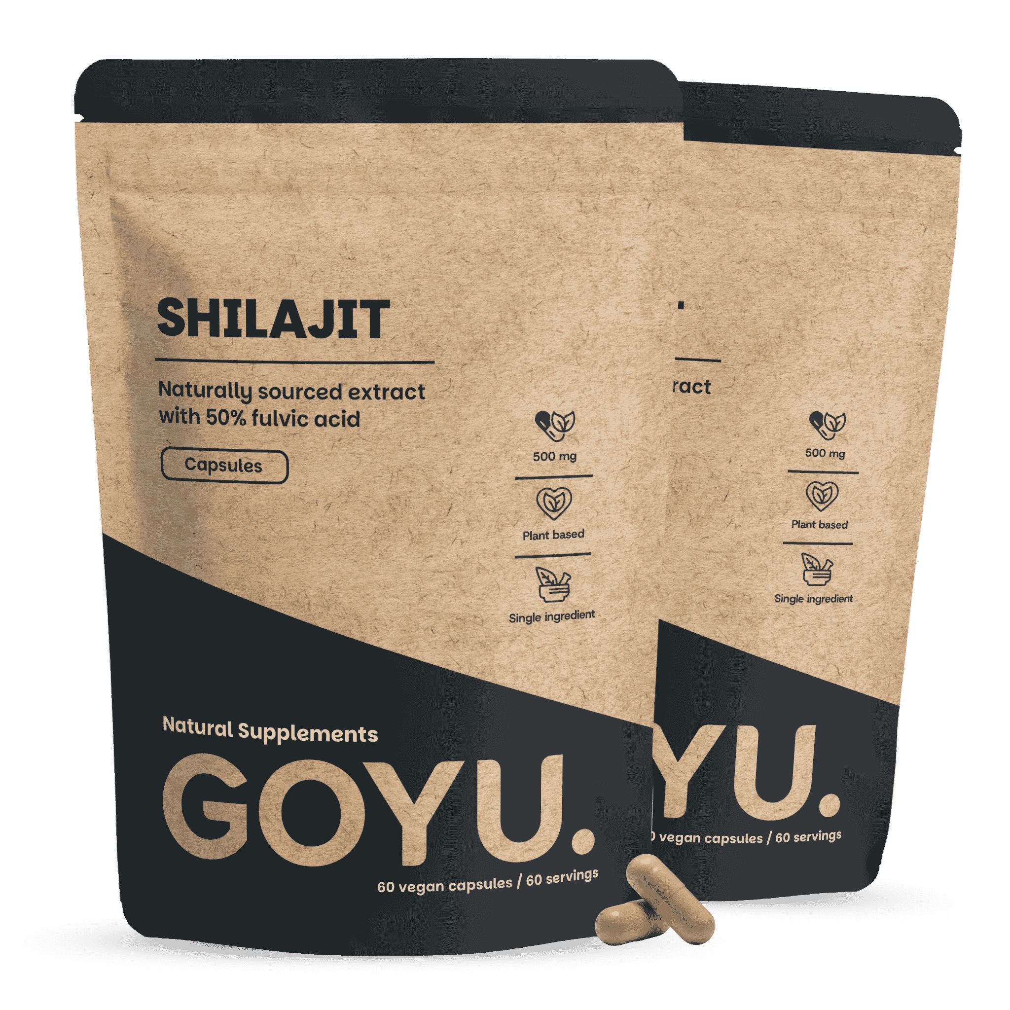 Zwei braune Beutel mit Shilajit-Kapseln, 500 mg, 60 vegane Kapseln pro Beutel.