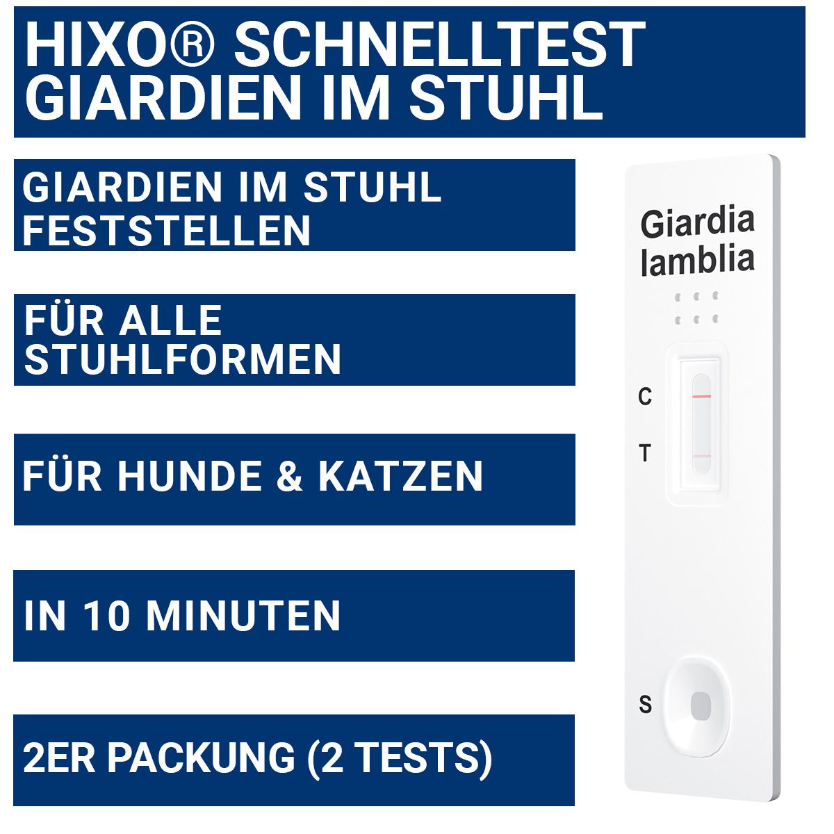 Teststreifen mit Ergebnisfenster. Text: Giardia lamblia. Blaue Infotafel mit Produktinformationen und Testdauer.
