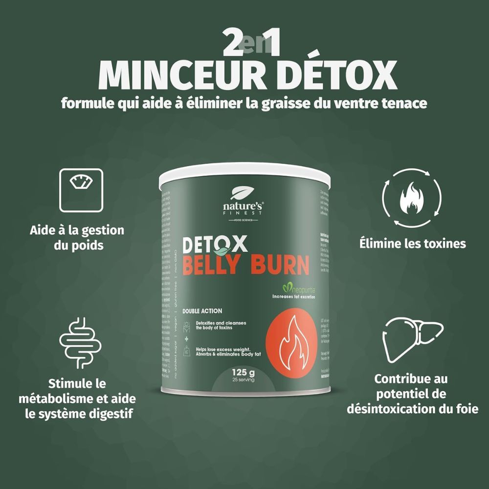 Graphiques et boîte "DETOX BELLY BURN" 125 g. Graphiques : gestion du poids, digestion, détox.
